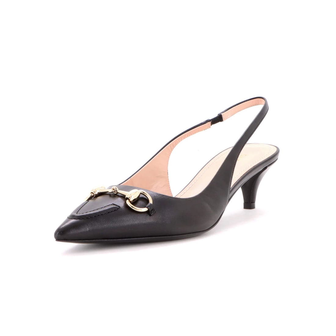 Women's Gucci Leather Slingback Pumps Pointed Toe Horsebit: Women's Gucci Leather Slingback Pumps Pointed Toe Horsebit Black Gucci leather slingback pumps with pointed toe and horsebit detail, featuring neutral interior and gold tone hardware. This great