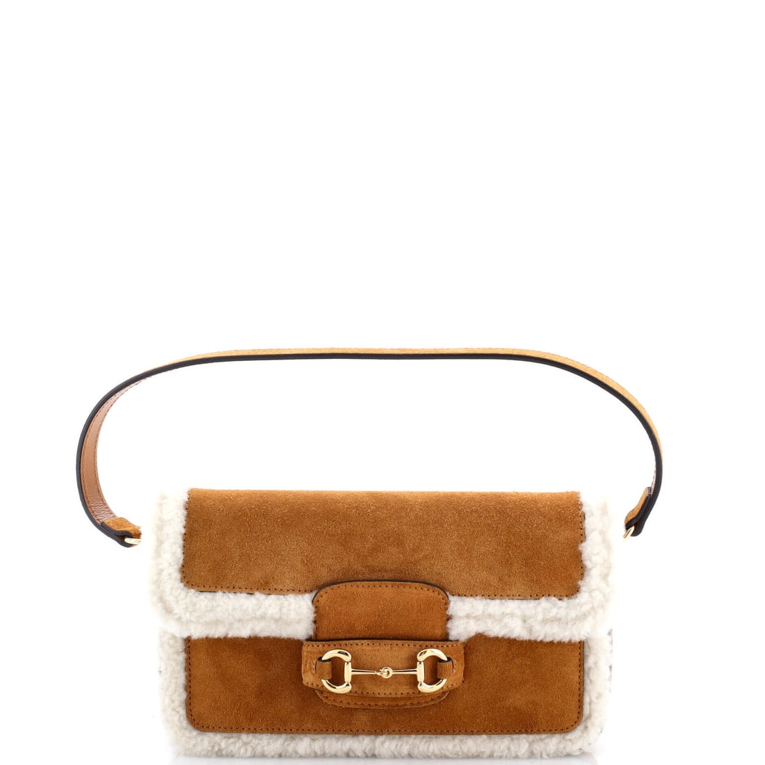Horsebit Suede Bag 1955 Mini Shearling Gucci Shoulder: Horsebit Suede Bag 1955 Mini Shearling Gucci Shoulder The Horsebit Suede Bag 1955 Mini Shearling Gucci Shoulder boasts a rich, brown shearling suede exterior and a classic horsebit detail, evoking
