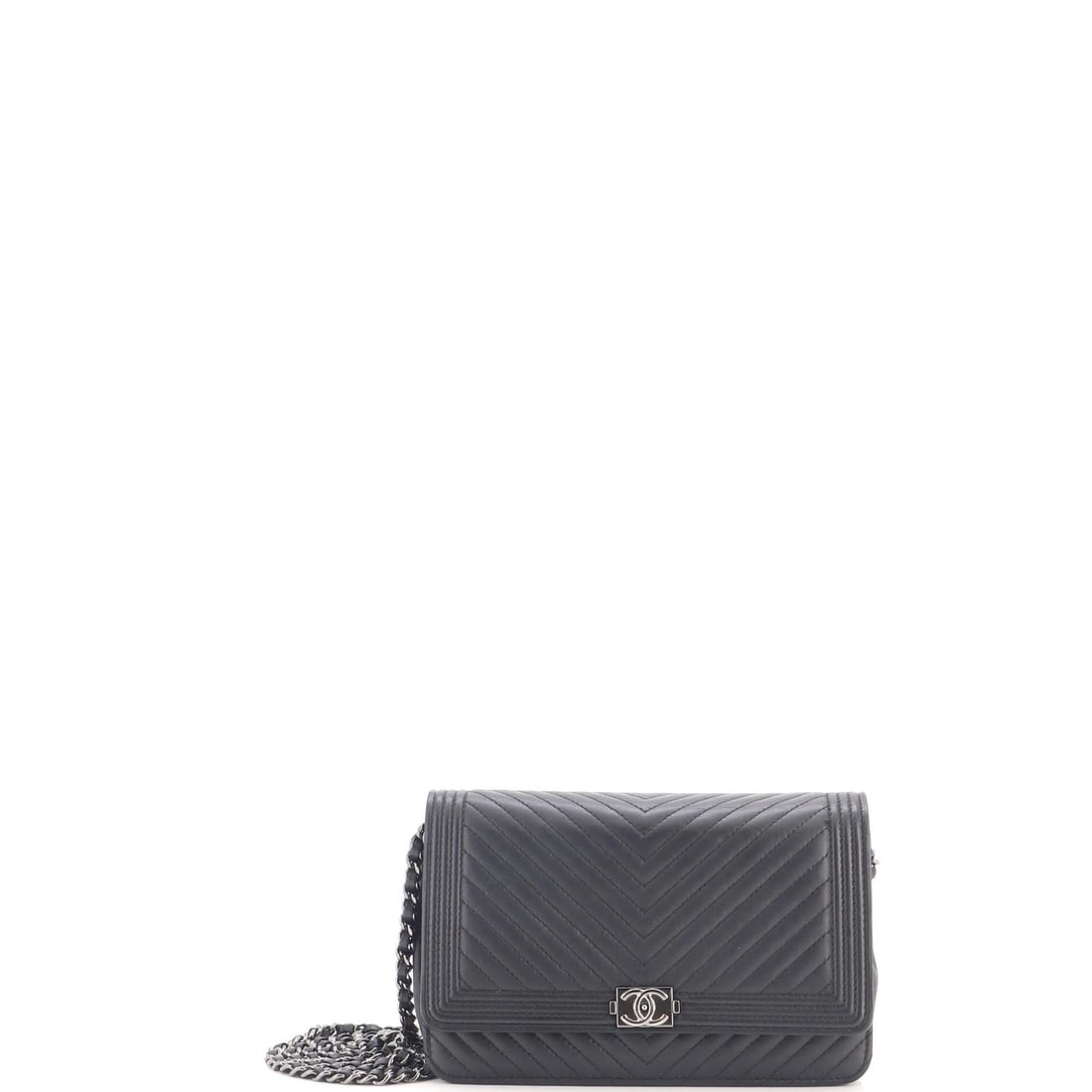 Chevron Calfskin Boy Wallet on Chain: Chevron Calfskin Boy Wallet on Chain Black Chevron Calfskin Boy Wallet on Chain with sleek, modern design. Made from high-quality leather, this stylish wallet features a distinctive chevron pattern