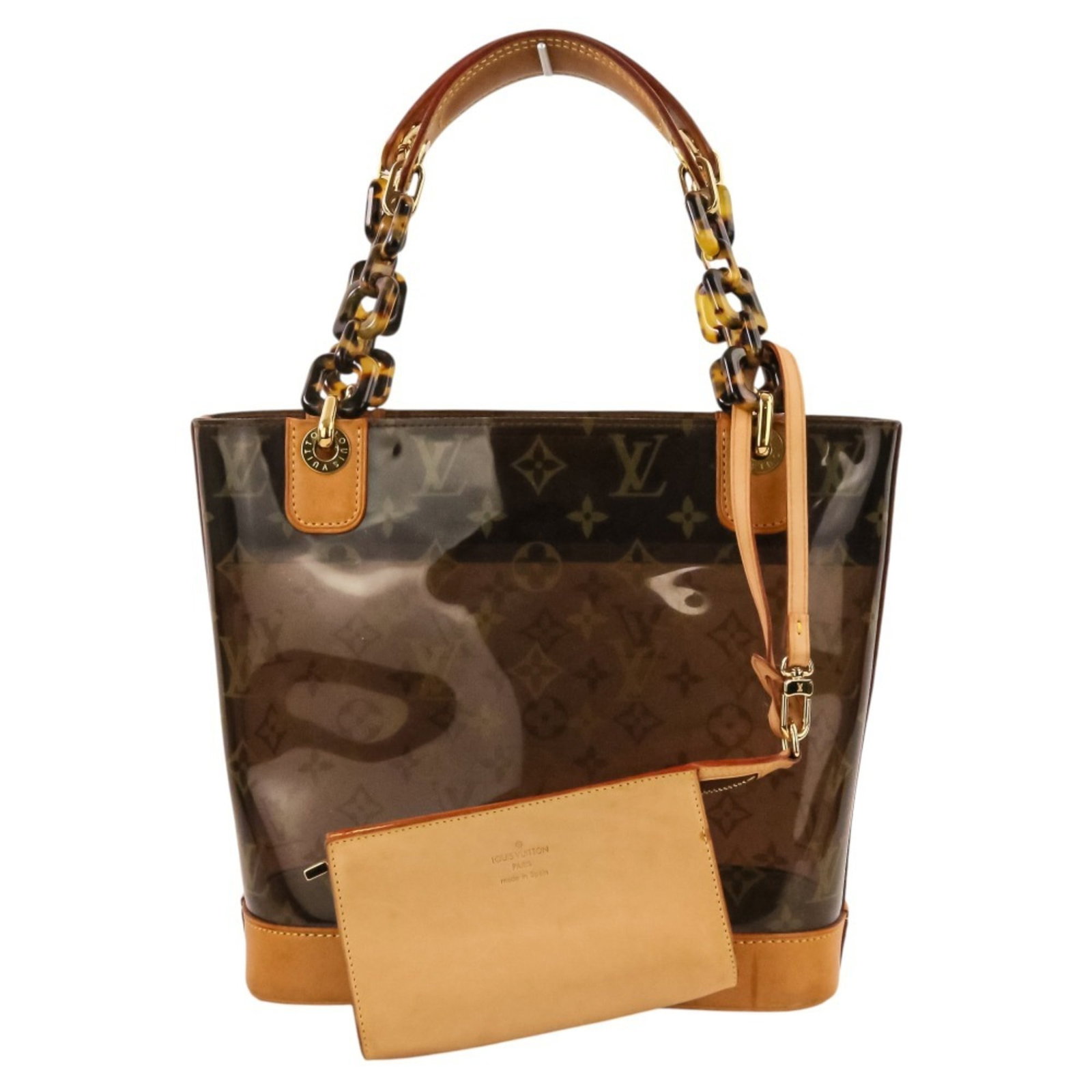 Louis Vuitton Tote Bag Vinyl: Louis Vuitton Tote Bag Vinyl Brown Louis Vuitton Tote Bag made from Vinyl, measuring 23cm x 23cm x 10cm, with a 43cm handle length. This vinyl tote bag features the iconic Louis Vuitton design. Item