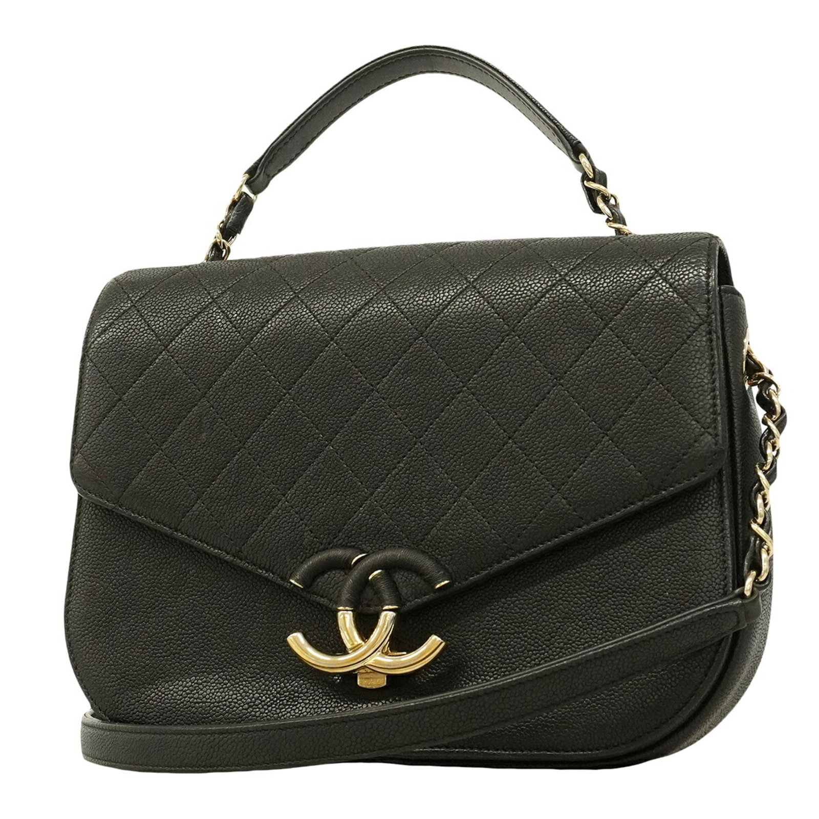 Calfskin Handbag Chanel: Calfskin Handbag Chanel Calfskin Handbag Chanel in Black. This black handbag features grained calfskin and champagne gold hardware, adding a touch of elegance to its classic design. With its compact