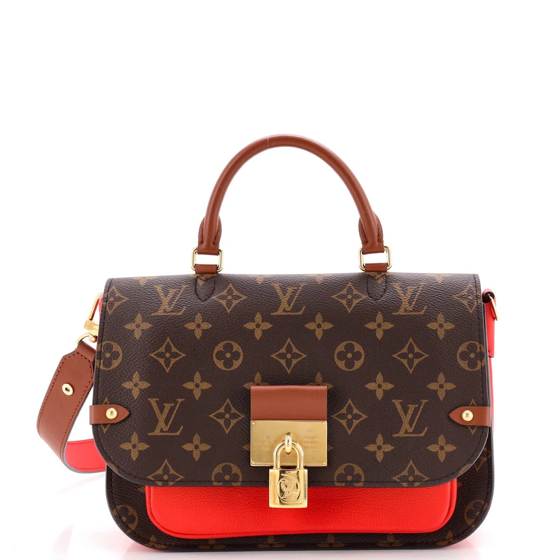 Handbag Monogram Canvas Vuitton Leather Louis Vaugirard: Handbag Monogram Canvas Vuitton Leather Louis Vaugirard Canvas Coated Leather Louis Vuitton Handbag Monogram Vaugirard features a striking red exterior with gold hardware, showcasing a classic top