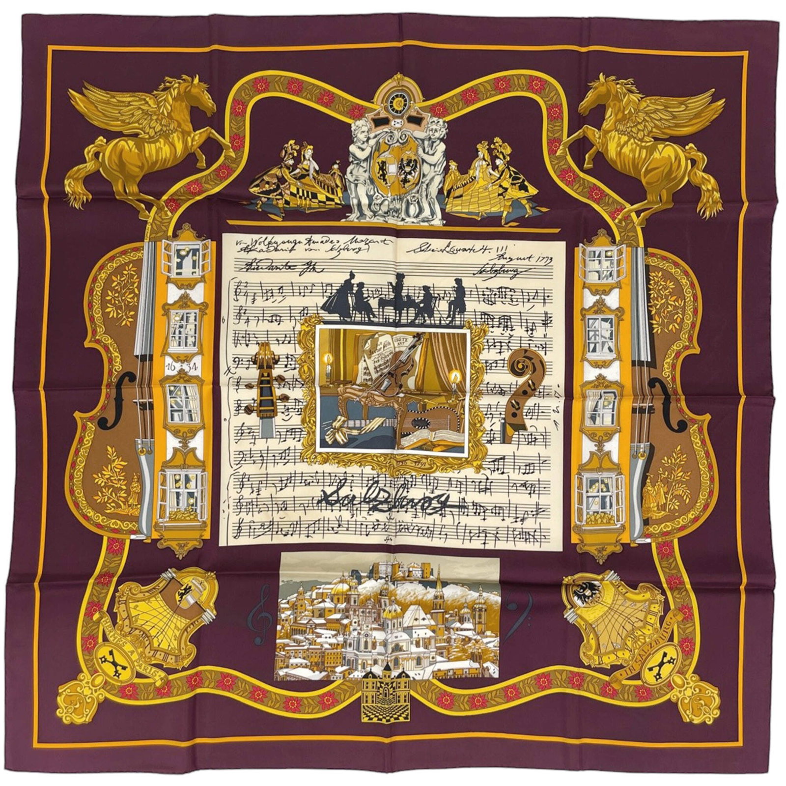 Silk Hermes Scarf: Silk Hermes Scarf Silk Hermes Scarf in Bordeaux, Multi-color, measures 89cm x 89cm, crafted from high-quality silk. This scarf features a unique multi-color design, showcasing the iconic style of the 
