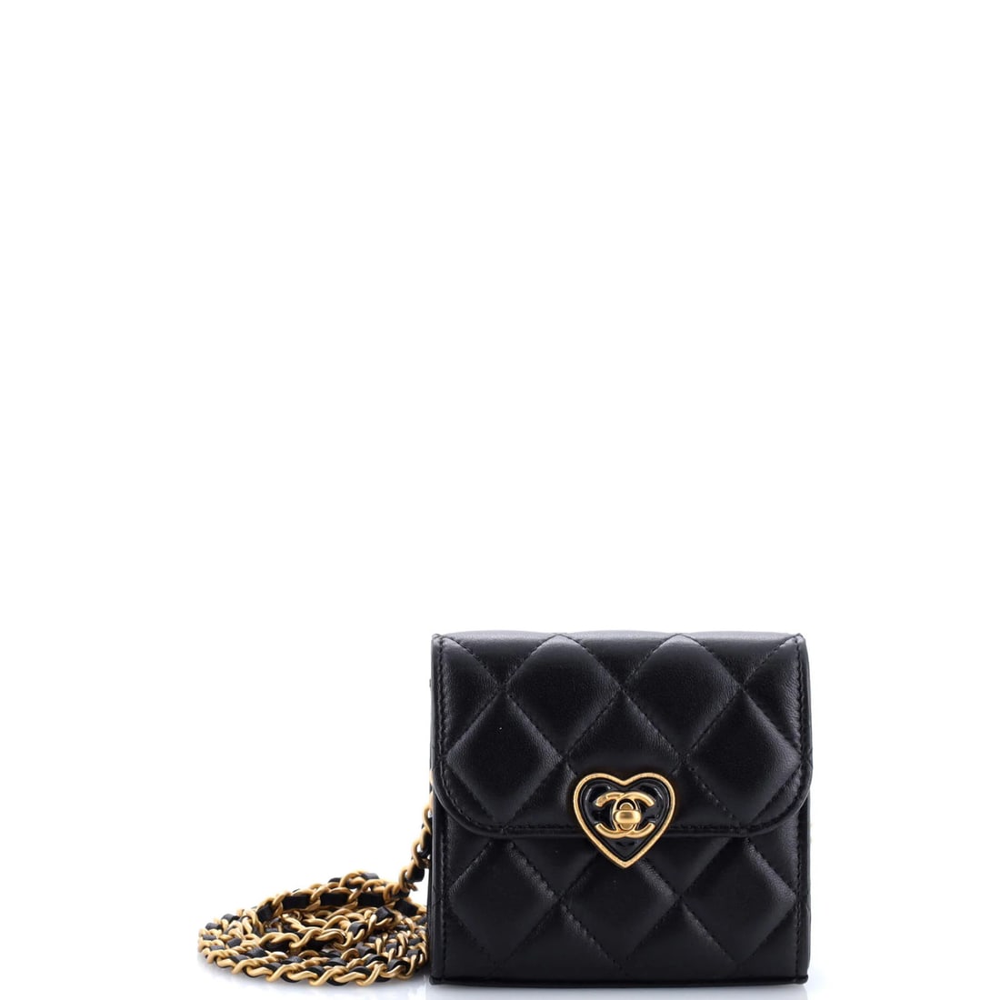 Mini Quilted Lambskin Clutch Heart CC Love Coco Chanel with Chain: Mini Quilted Lambskin Clutch Heart CC Love Coco Chanel with Chain Black quilted lambskin exterior, red interior, and gold hardware define this mini cross body bag, featuring a chain and a