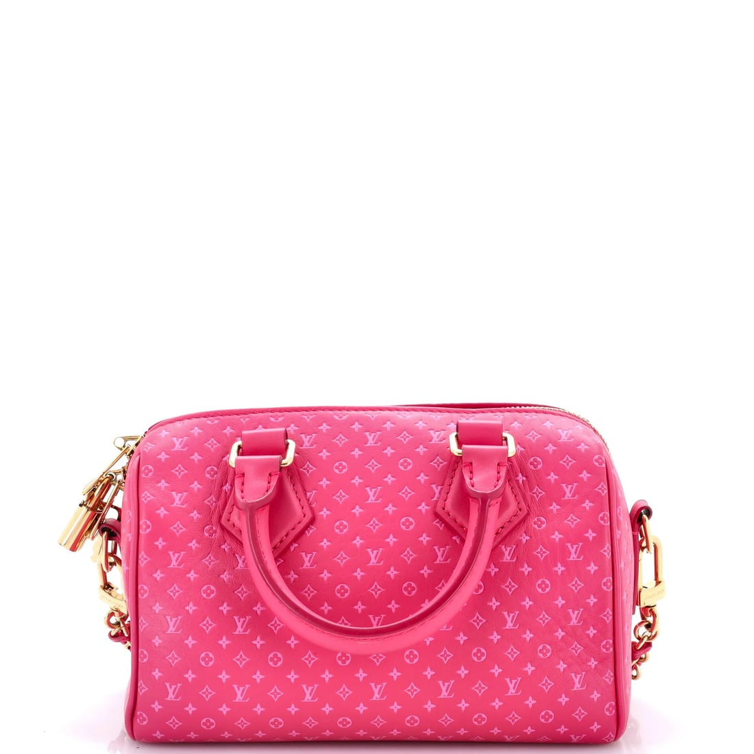 Speedy Bandouliere Bag Nanogram Embossed Leather Louis Vuitton: Speedy Bandouliere Bag Nanogram Embossed Leather Louis Vuitton Speedy Bandouliere Bag Nanogram Embossed Leather Louis Vuitton features a unique pink exterior with nanogram embossed leather, a