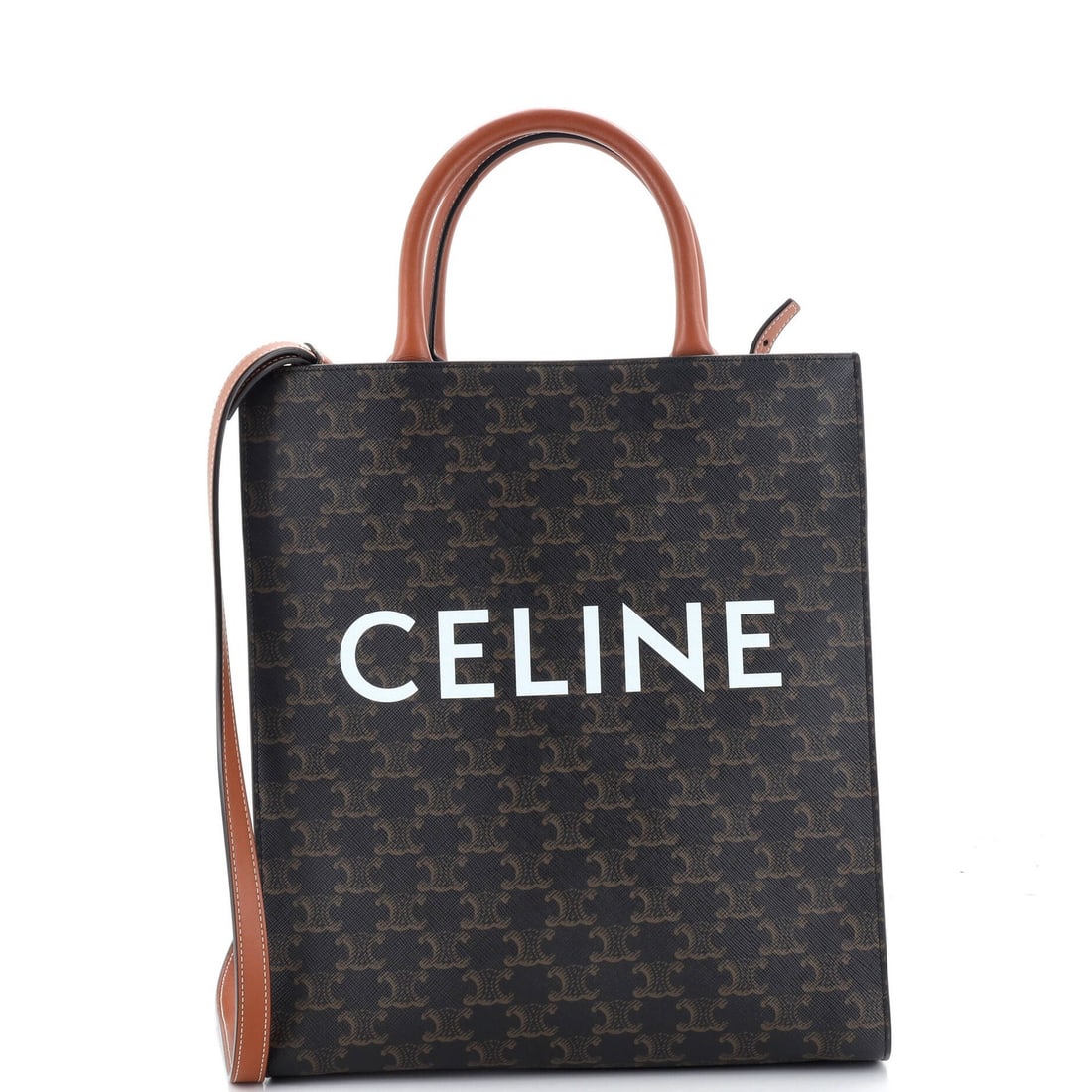 Celine Vertical Cabas Tote Triomphe Coated Canvas Small: Celine Vertical Cabas Tote Triomphe Coated Canvas Small Small Celine Vertical Cabas Tote Triomphe in Brown Canvas Coated Leather. This small tote measures 13" tall, 11" wide, and 3" deep, with a 4.5"