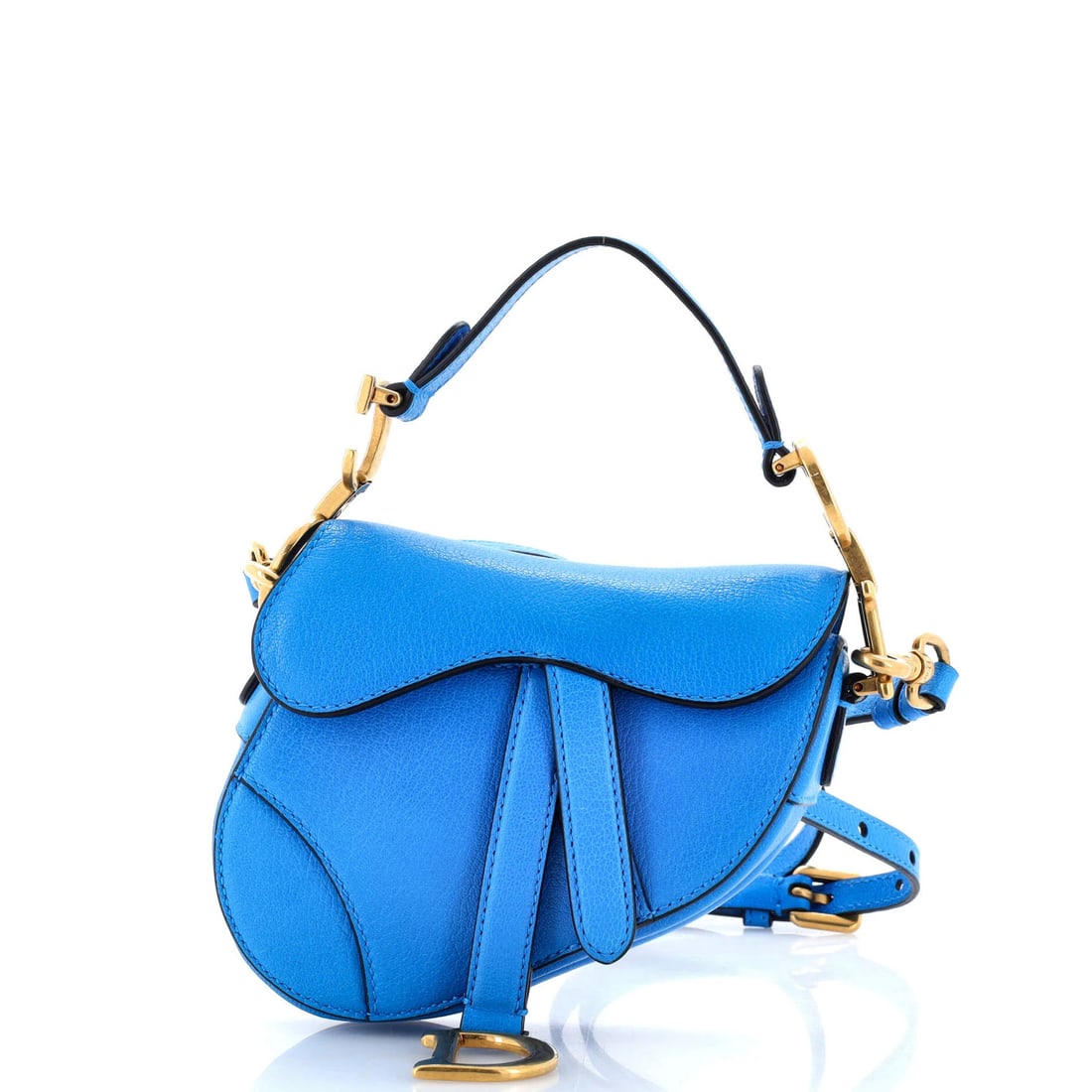 Saddle Handbag Leather Strap with Micro Christian Dior: Saddle Handbag Leather Strap with Micro Christian Dior The Saddle Handbag Leather Strap with Micro Christian Dior features a striking blue leather exterior with a subtle aged gold hardware accent.