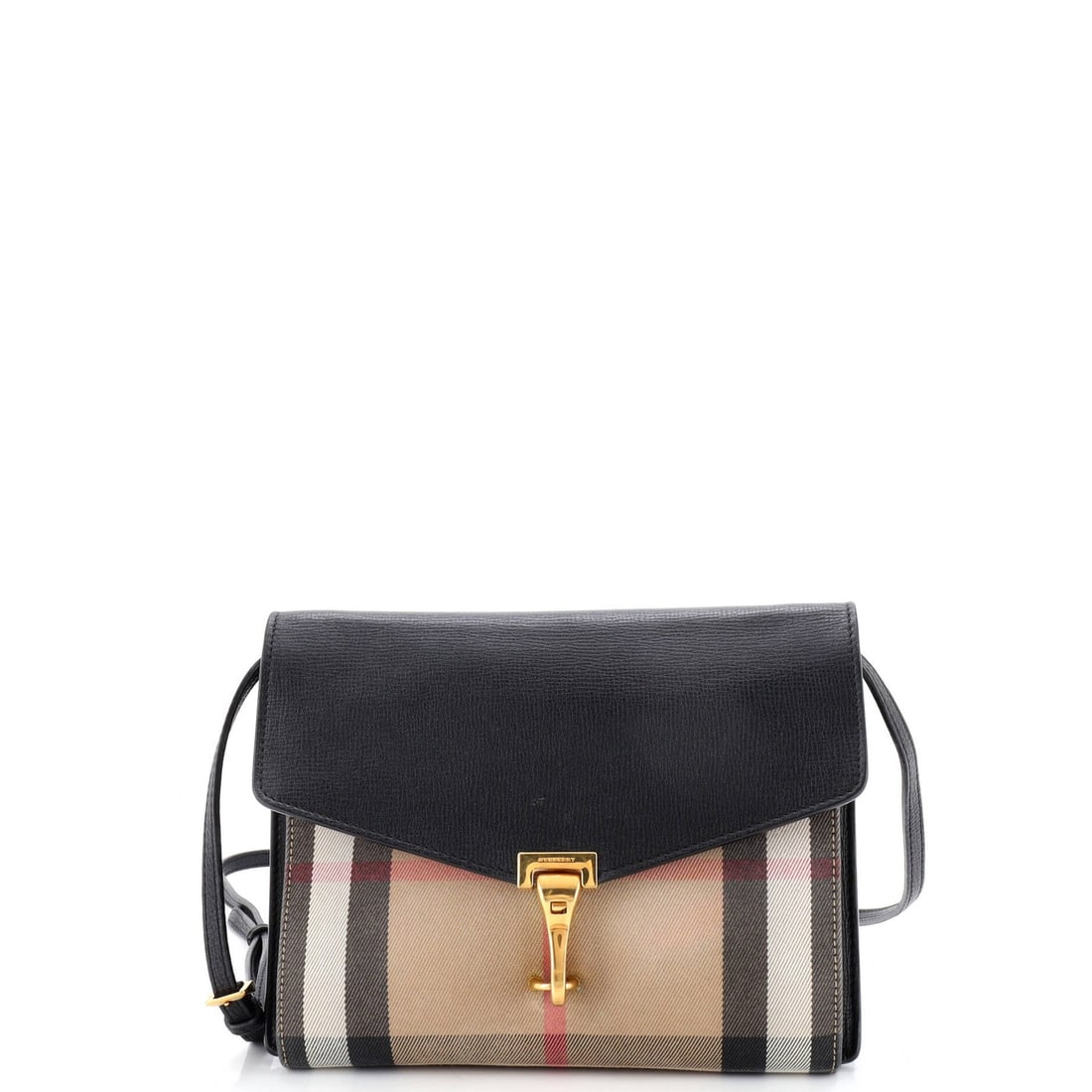 Macken Crossbody Bag Leather Small House Check Canvas Burberry: Macken Crossbody Bag Leather Small House Check Canvas Burberry Black leather exterior with a subtle House Check canvas interior, this small crossbody bag from Burberry features a gold-toned strap and