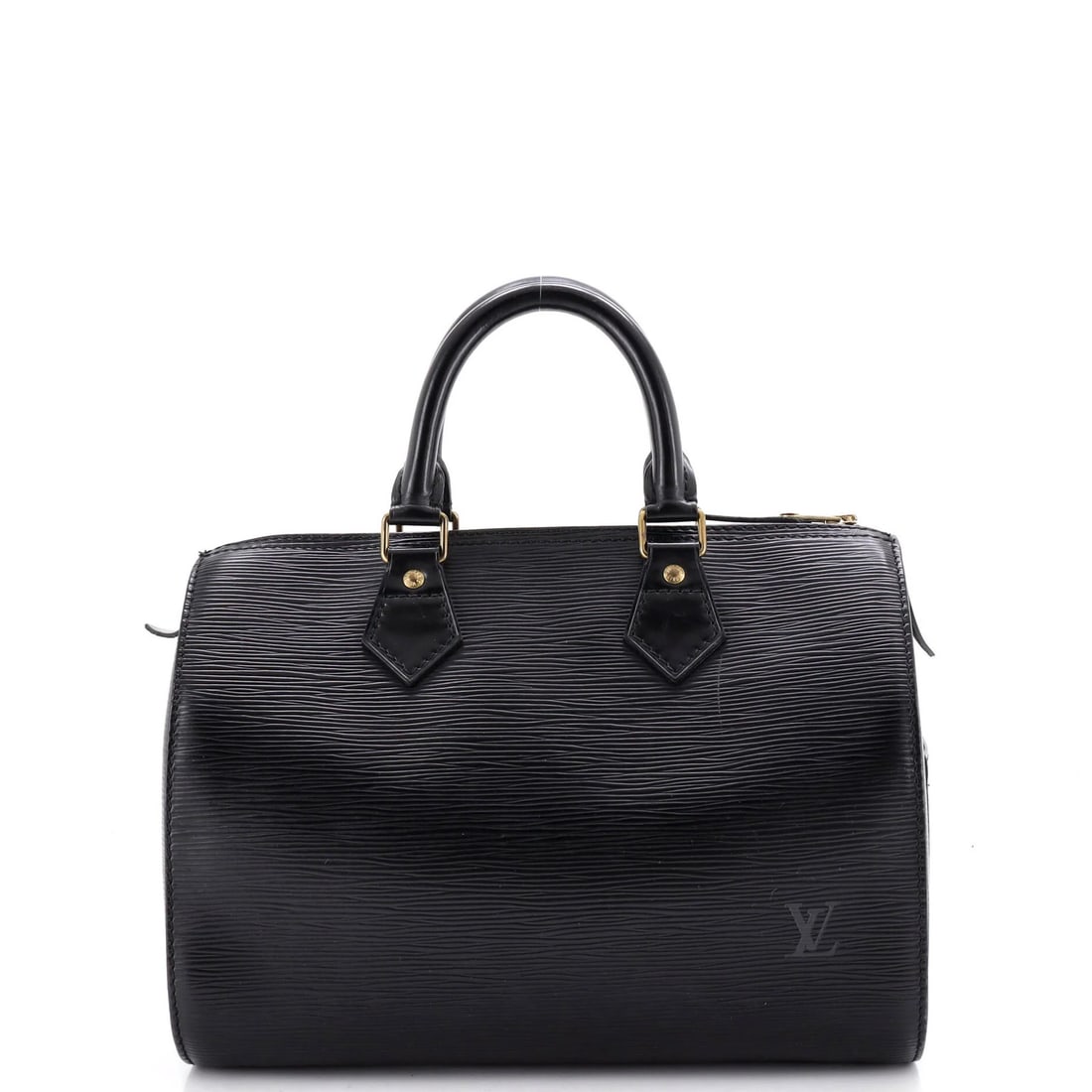 Vuitton Leather Epi Handbag Louis Speedy 25: Vuitton Leather Epi Handbag Louis Speedy 25 Black Louis Vuitton Epi Leather Louis Speedy 25 Handbag with gold hardware, featuring a classic top handle design and raw leather interior. The exterior