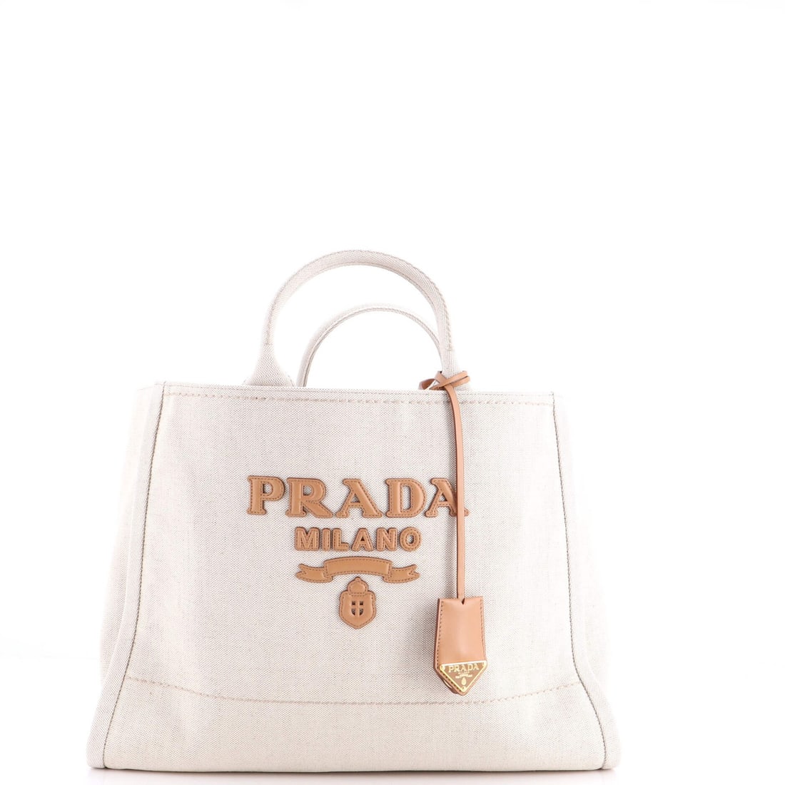 Linen Blend Large Prada Logo Tote: Linen Blend Large Prada Logo Tote Linen Blend Large Prada Logo Tote in Pristine Condition. This neutral-colored, large logo tote features a unique blend of linen and leather, with minor creases and li