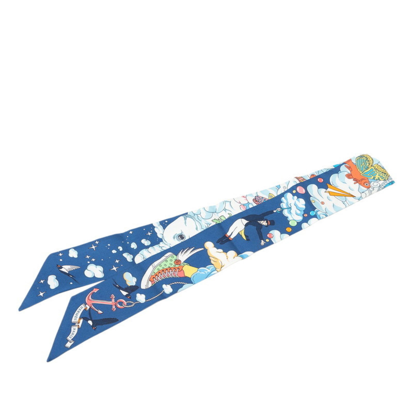 Silk Hermes Scarf: Silk Hermes Scarf Silk Hermes Scarf in Blue and Multi-color, measuring 86cm x 5cm. Made from high-quality silk, this scarf boasts a unique blend of colors and a slender, elegant design. A beautiful ad