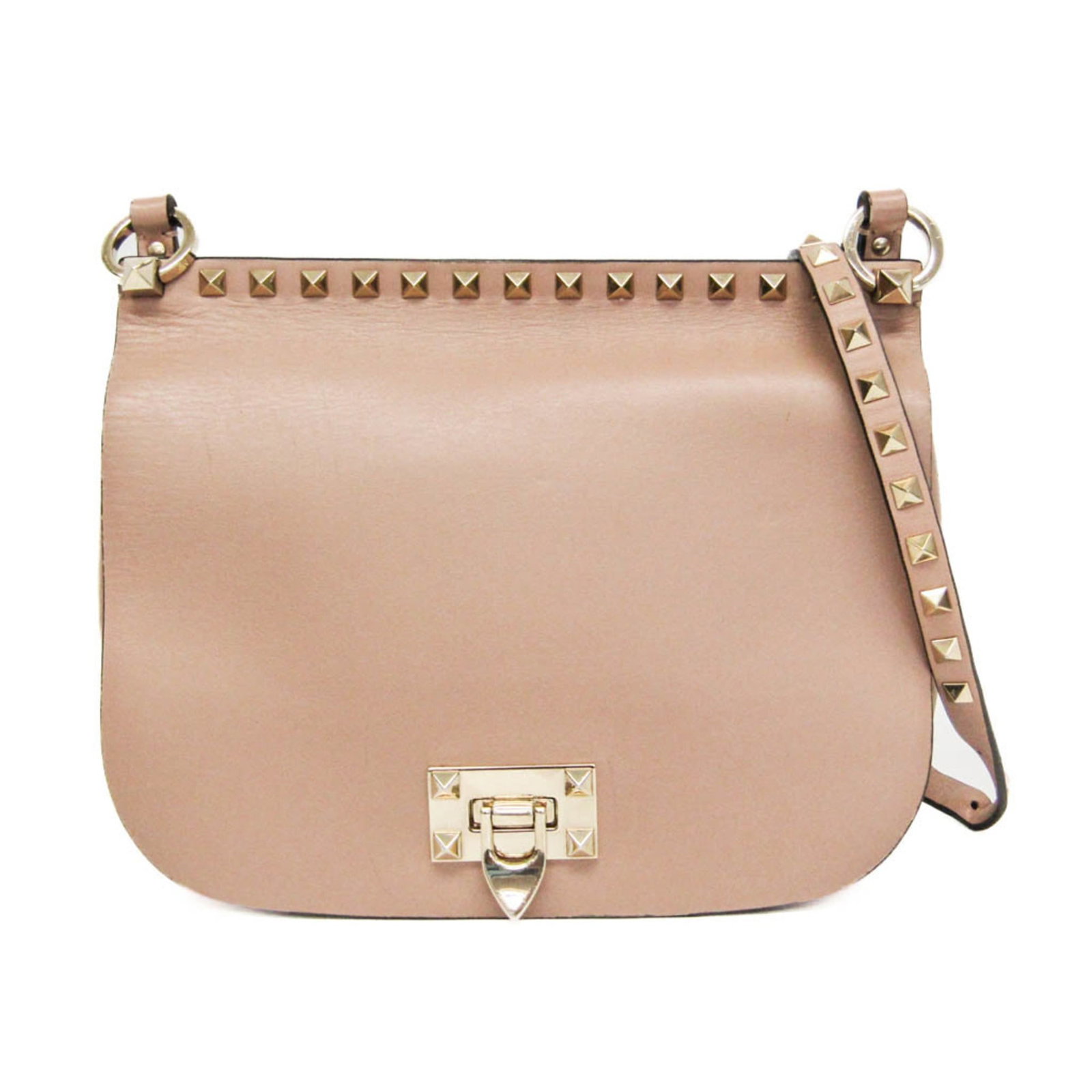 Valentino Garavani leather shoulder bag: Valentino Garavani leather shoulder bag The Valentino Garavani Rockstud TW2B0F56XVJ shoulder bag boasts a stunning pink beige leather exterior, adorned with champagne gold hardware. This elegant desig