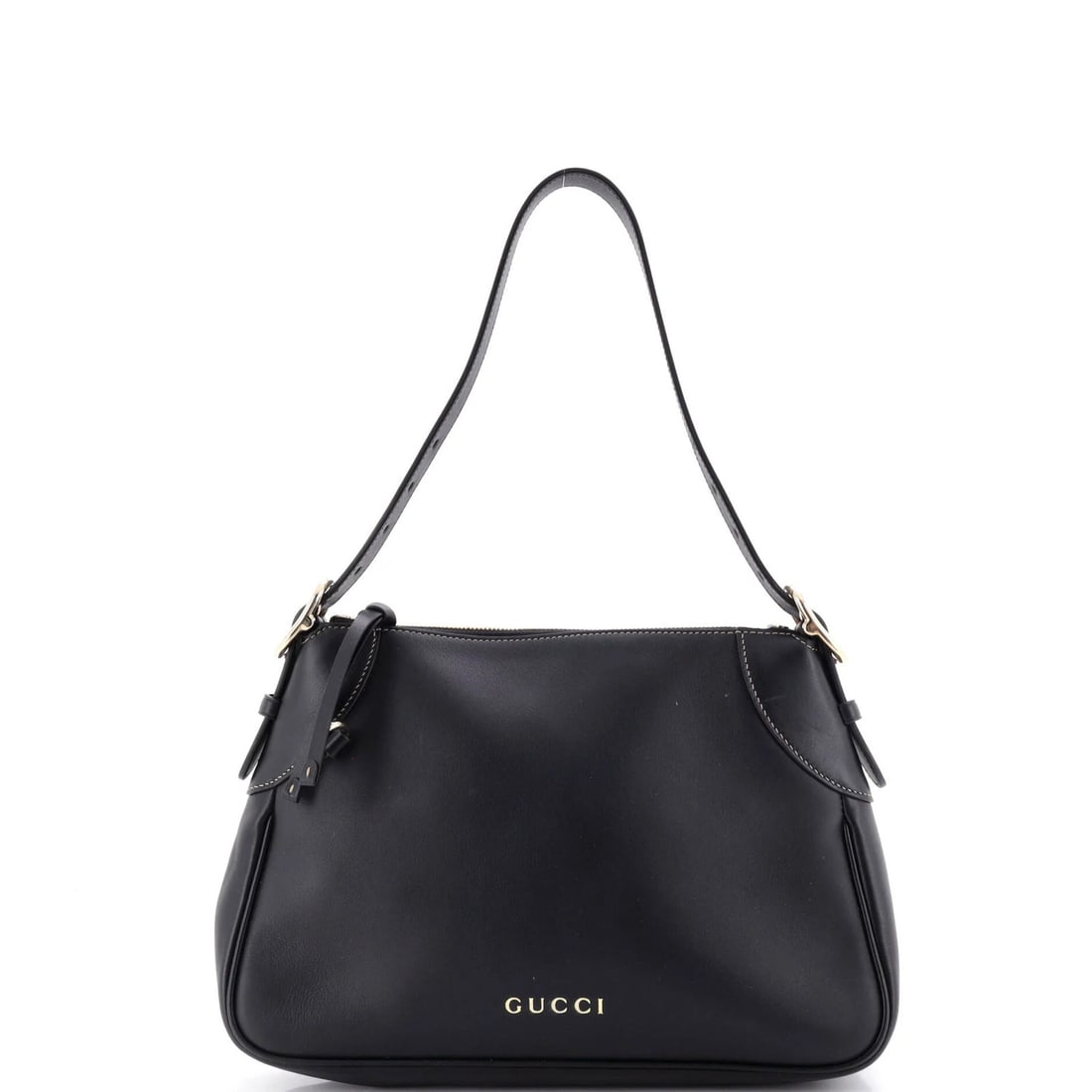 Gucci Emblem Bag Medium Leather Shoulder: Gucci Emblem Bag Medium Leather Shoulder Black medium leather shoulder bag with gold tone hardware, featuring the iconic Gucci emblem. The bag has a touch-up on the back, minor scuffs, and edge wear,