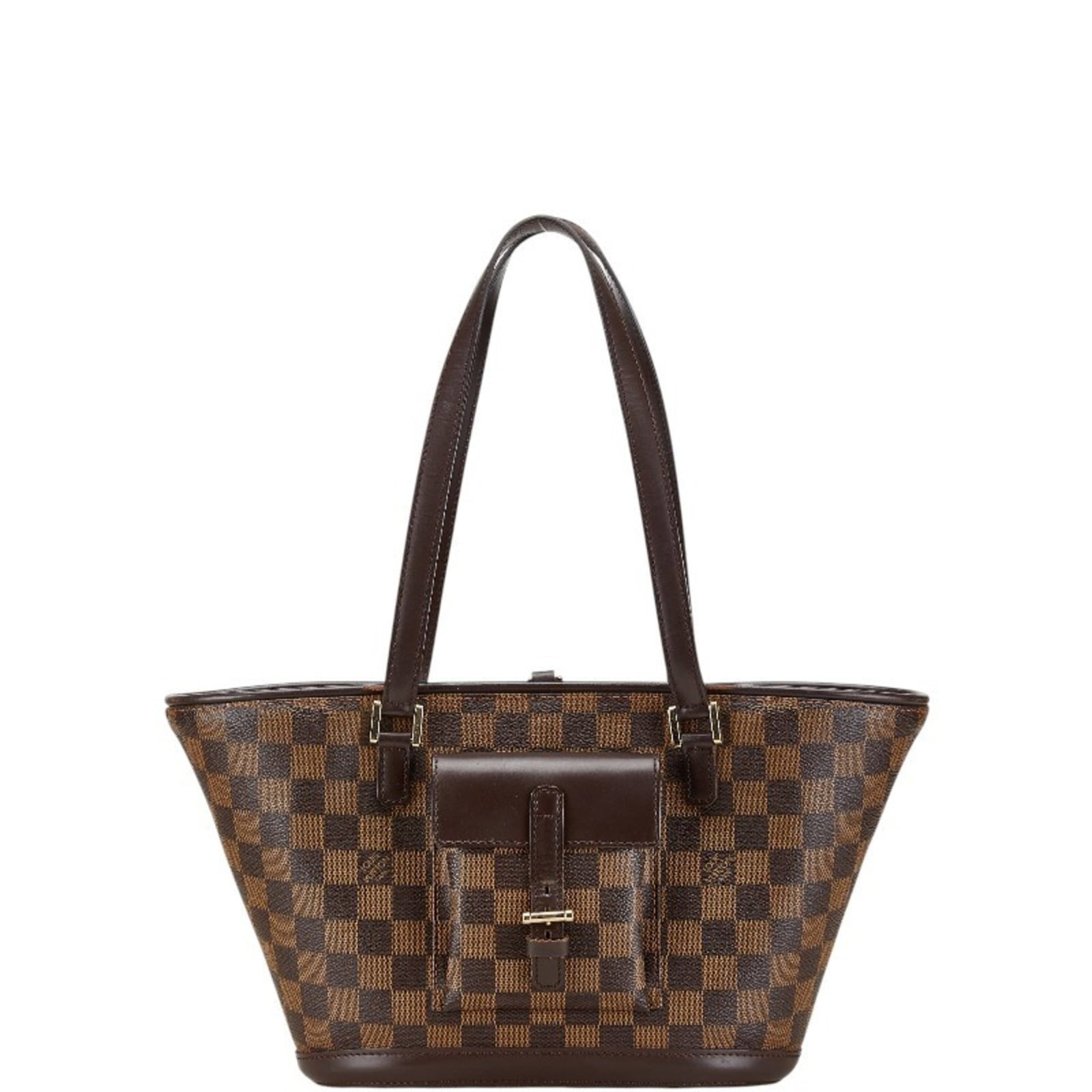 PVC Leather Tote Bag Louis Vuitton: PVC Leather Tote Bag Louis Vuitton PVC Leather Tote Bag with a classic Louis Vuitton Damier design, featuring a sturdy brown color and a hook closure. This stylish shoulder bag measures 19.5cm x