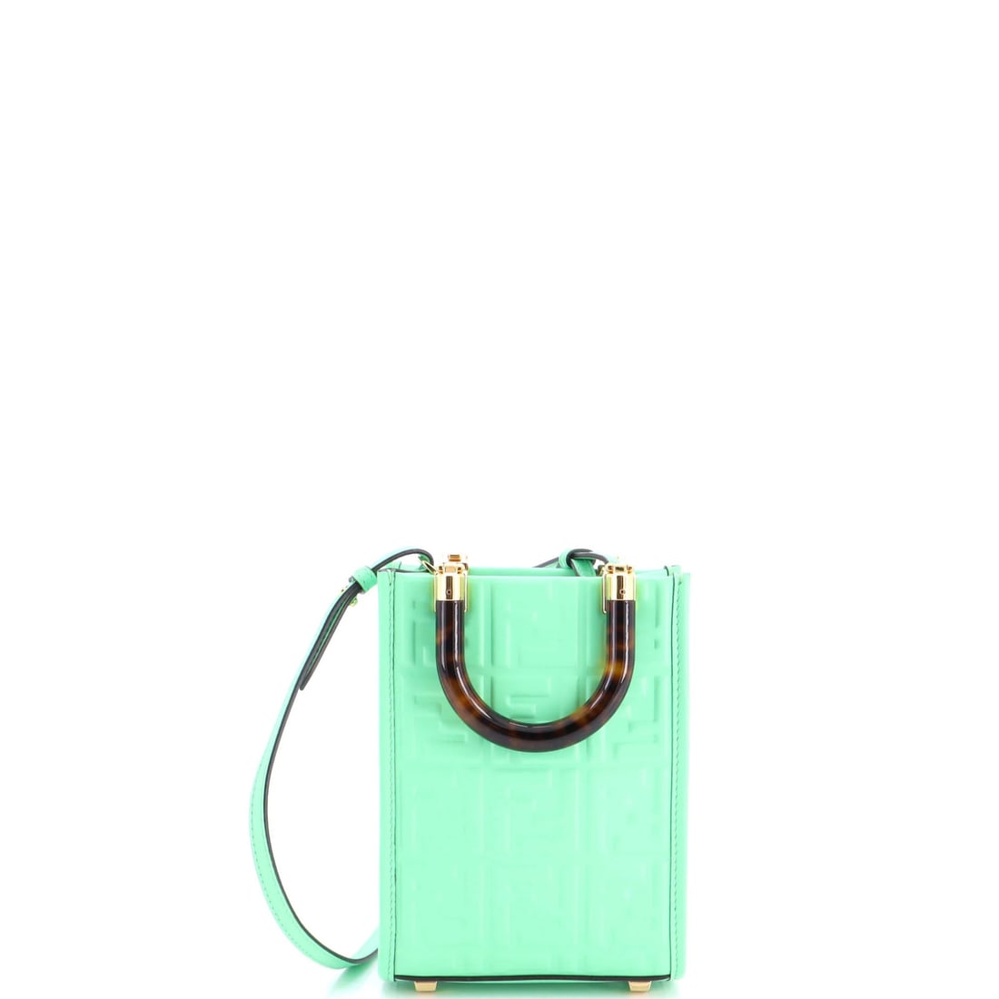 Zucca Embossed Leather Mini Fendi Shopper Sunshine: Zucca Embossed Leather Mini Fendi Shopper Sunshine Zucca embossed leather adds a touch of sophistication to this mini Fendi shopper, featuring a striking green exterior and neutral interior. The gold