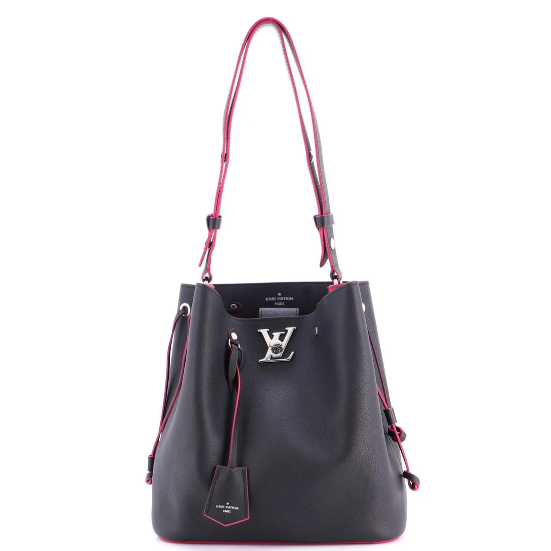 Lockme Bucket Bag Leather Louis Vuitton: Lockme Bucket Bag Leather Louis Vuitton Black Lockme Bucket Bag Leather Louis Vuitton features a classic design with a bucket shape and a signature monogram pattern. The exterior shows signs of wear,