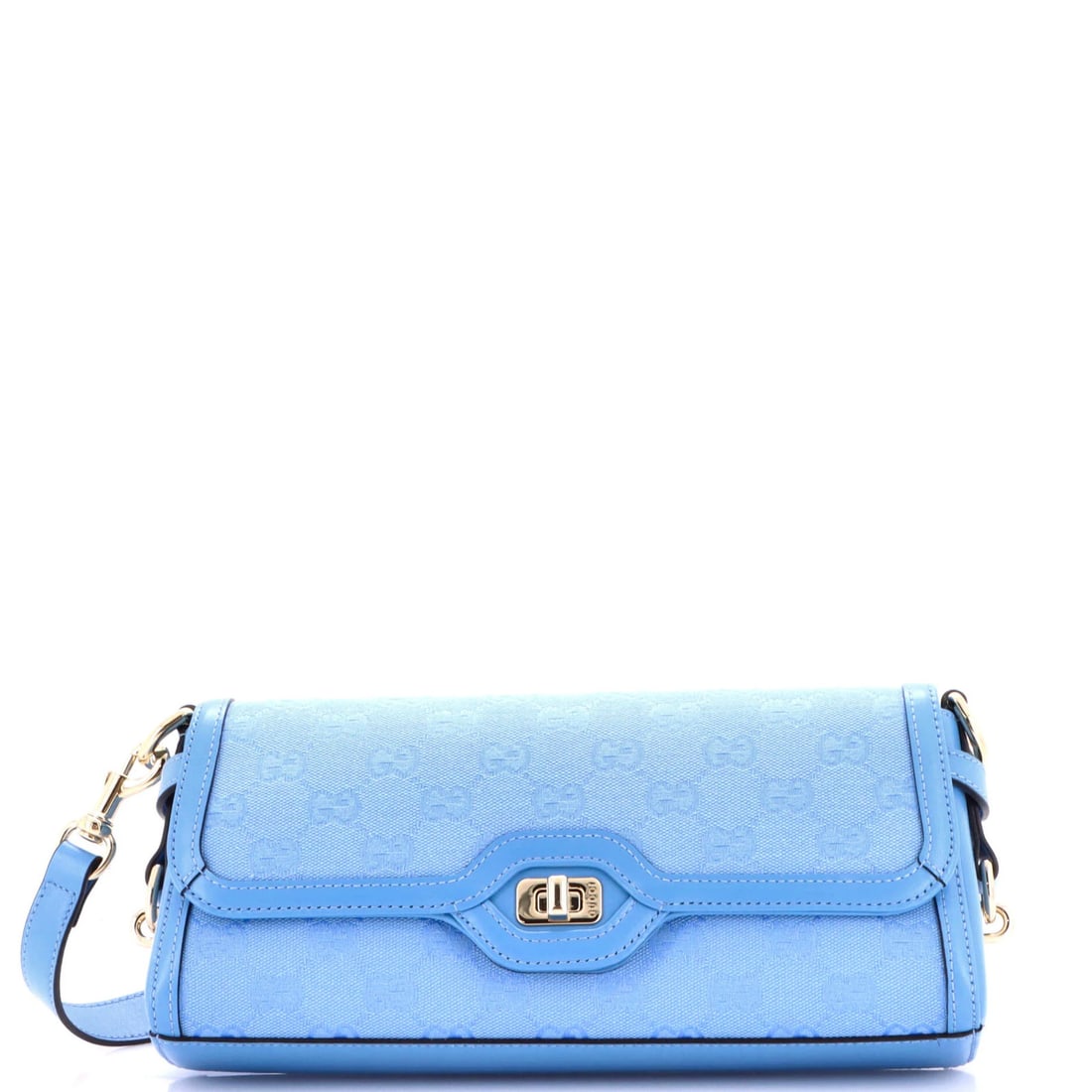 Gucci Small Canvas Luce Shoulder Bag: Gucci Small Canvas Luce Shoulder Bag Small but stylish, this Gucci Small Canvas Luce Shoulder Bag boasts a vibrant blue canvas exterior and matching interior, complete with gold tone hardware. Minor