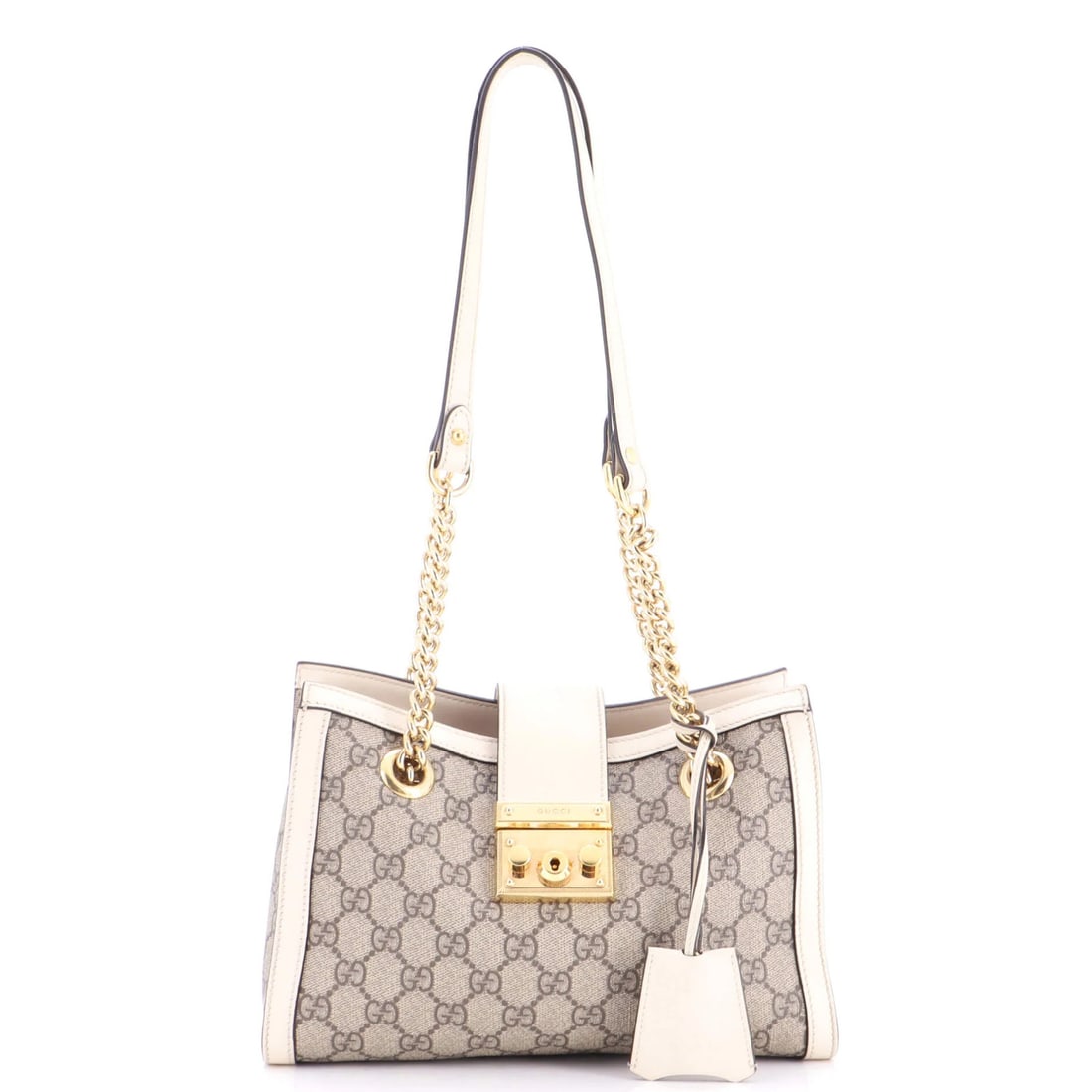 Gucci small GG canvas coated leather tote padlock chain: Gucci small GG canvas coated leather tote padlock chain Small Gucci GG Canvas Coated Leather Tote Padlock Chain. This brown leather canvas coated tote features a padlock chain design, perfect for addi