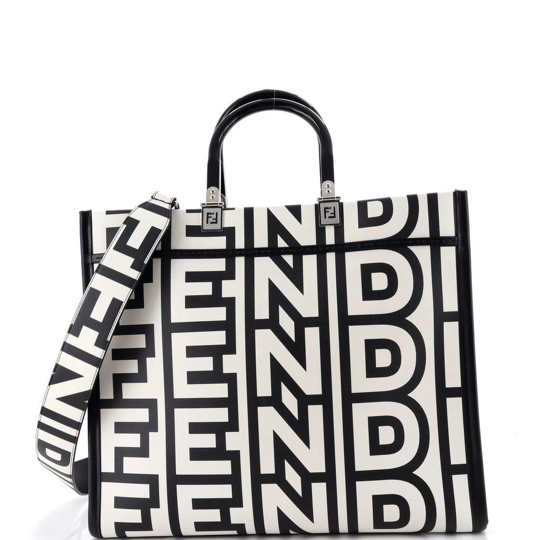 Printed Leather Medium Fendi Tote Shopper Marc Jacobs Sunshine: Printed Leather Medium Fendi Tote Shopper Marc Jacobs Sunshine Black printed leather medium Fendi Marc Jacobs Sunshine shopper tote with minor creases on exterior and interior, and minor scratches on 