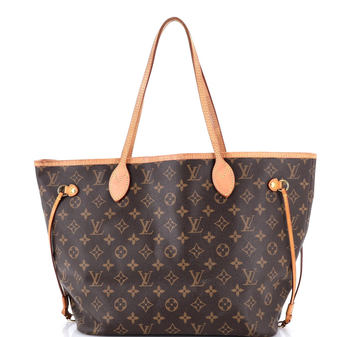 Canvas Monogram Neverfull MM Tote NM Louis Vuitton: Canvas Monogram Neverfull MM Tote NM Louis Vuitton Canvas Monogram Neverfull MM Tote in Brown, featuring the iconic Louis Vuitton monogram pattern, with heavy edge wear and scuffs on the exterior and 