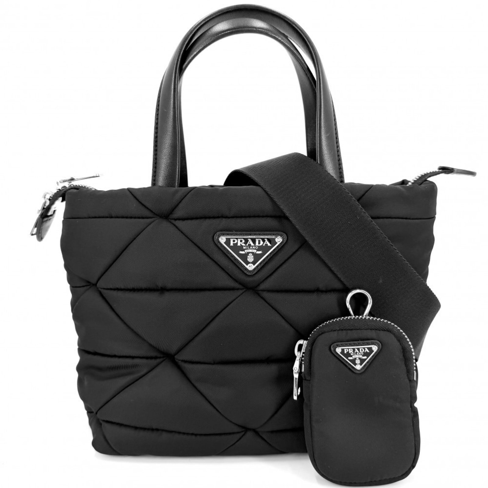 Shoulder Bag Nylon Prada Handbag Tote: Shoulder Bag Nylon Prada Handbag Tote Black Prada Nylon Tote Bag, 19cm x 22cm x 13.5cm, features a durable nylon material and classic design. The bag's sleek black color and structured shape make it