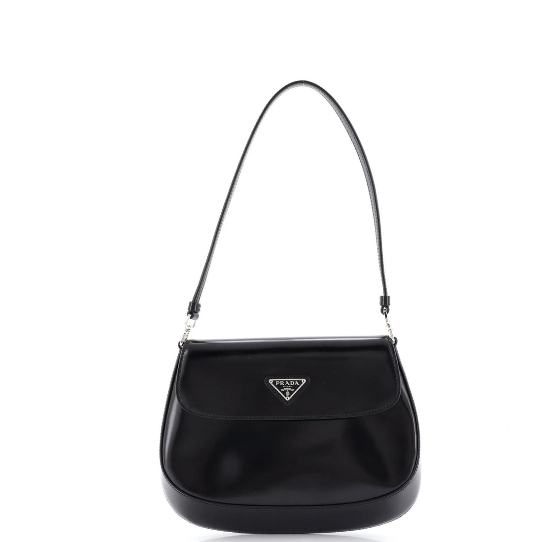 Spazzolato leather Cleo flap bag small shoulder Prada: Spazzolato leather Cleo flap bag small shoulder Prada Small Spazzolato leather Cleo flap shoulder bag from Prada, with a black exterior and silver hardware. The bag features a classic hobos style and