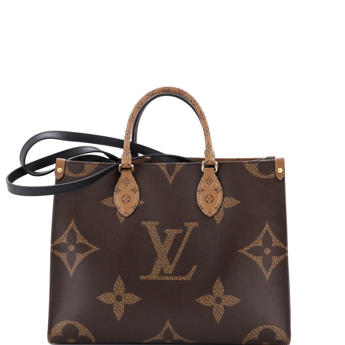 Louis Vuitton OnTheGo Tote Reverse Monogram Giant MM: Louis Vuitton OnTheGo Tote Reverse Monogram Giant MM Brown Louis Vuitton OnTheGo Tote Reverse Monogram Giant MM in Very Good Condition. This canvas-coated tote features the iconic Reverse Monogram