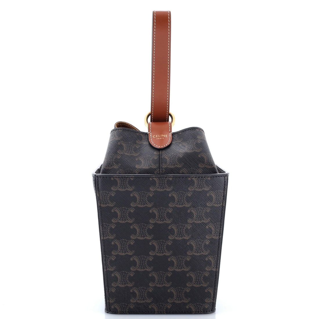Triomphe Coated Canvas Strap Box Top Handle Bag: Triomphe Coated Canvas Strap Box Top Handle Bag Triomphe Coated Canvas Strap Box Top Handle Bag is a stylish and elegant bag featuring a canvas coated exterior in brown, with a gold-tone strap box top