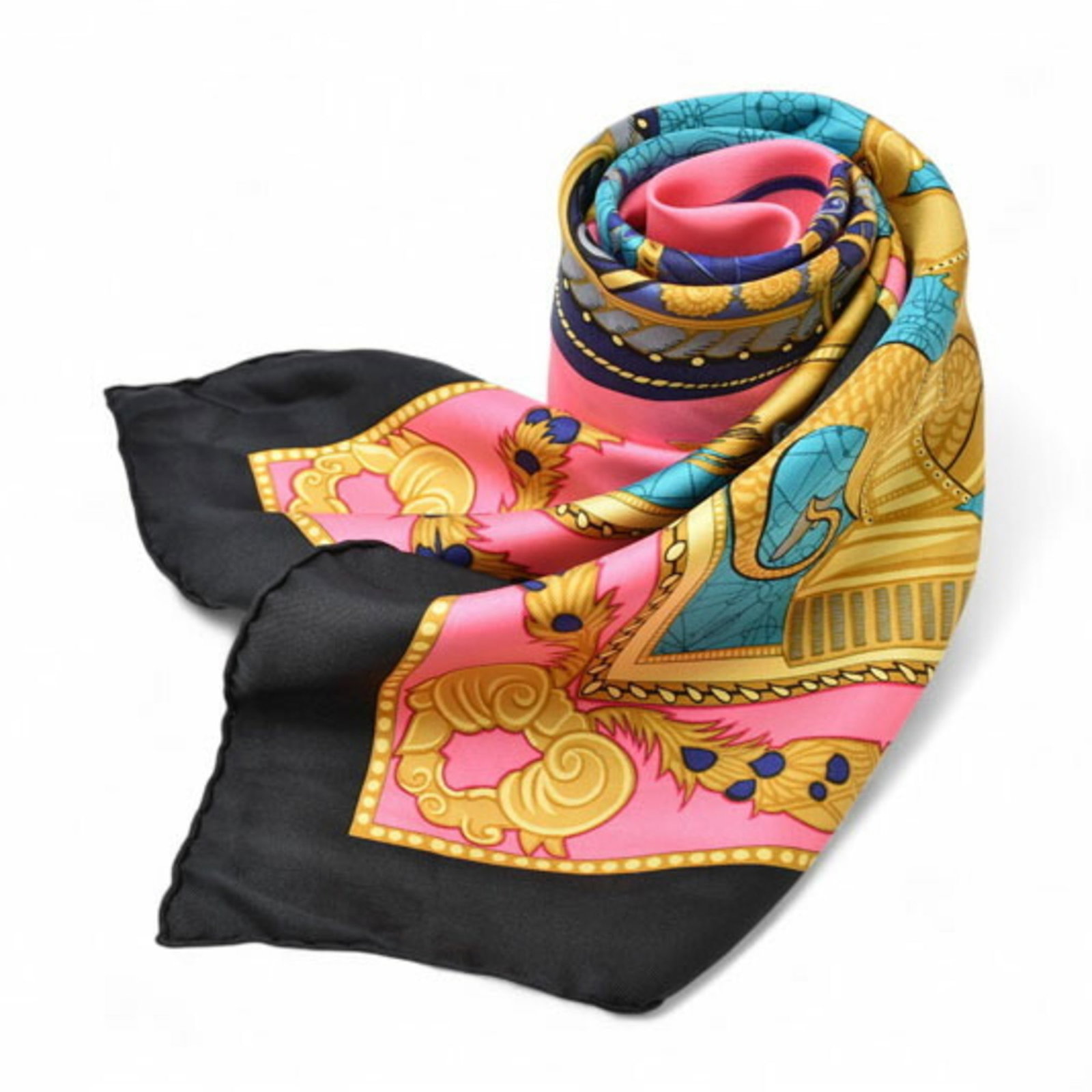 Silk Hermes Scarf: Silk Hermes Scarf Silk from France, this black or pink silk scarf measures 88cm x 88cm and is made from high-quality silk material. The scarf bears a signature, a notable feature of this luxury item.