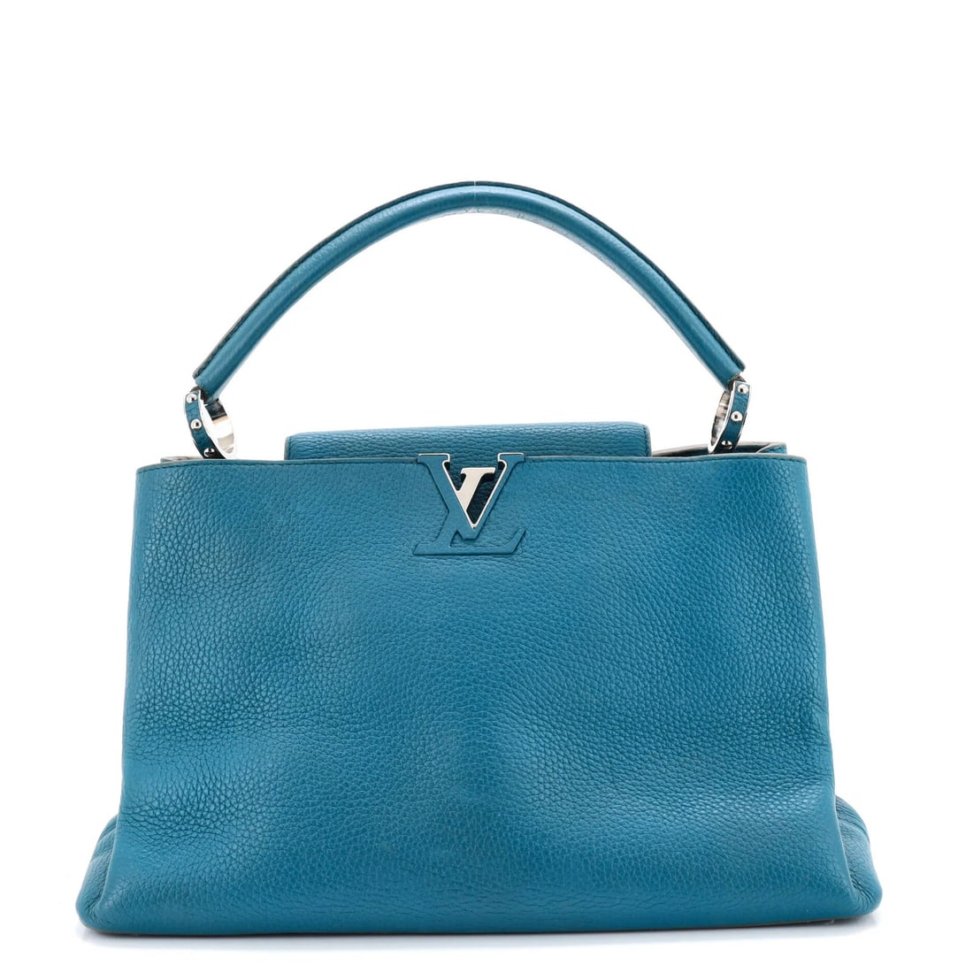 Louis Vuitton Capucines Bag Leather MM: Louis Vuitton Capucines Bag Leather MM Blue Louis Vuitton Capucines Bag Leather MM features a classic top handle design with heavy creases throughout and scuffs on the exterior. The bag measures 9"