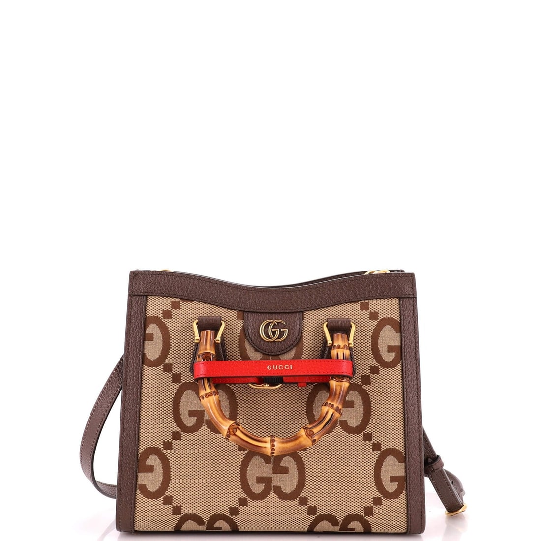 Diana NM Bamboo Handle Tote Small Jumbo Gucci GG Canvas: Diana NM Bamboo Handle Tote Small Jumbo Gucci GG Canvas Small Jumbo Gucci GG Canvas Tote with Bamboo Handle, featuring a classic design and neutral interior, and minor scuffs on the exterior. This sma