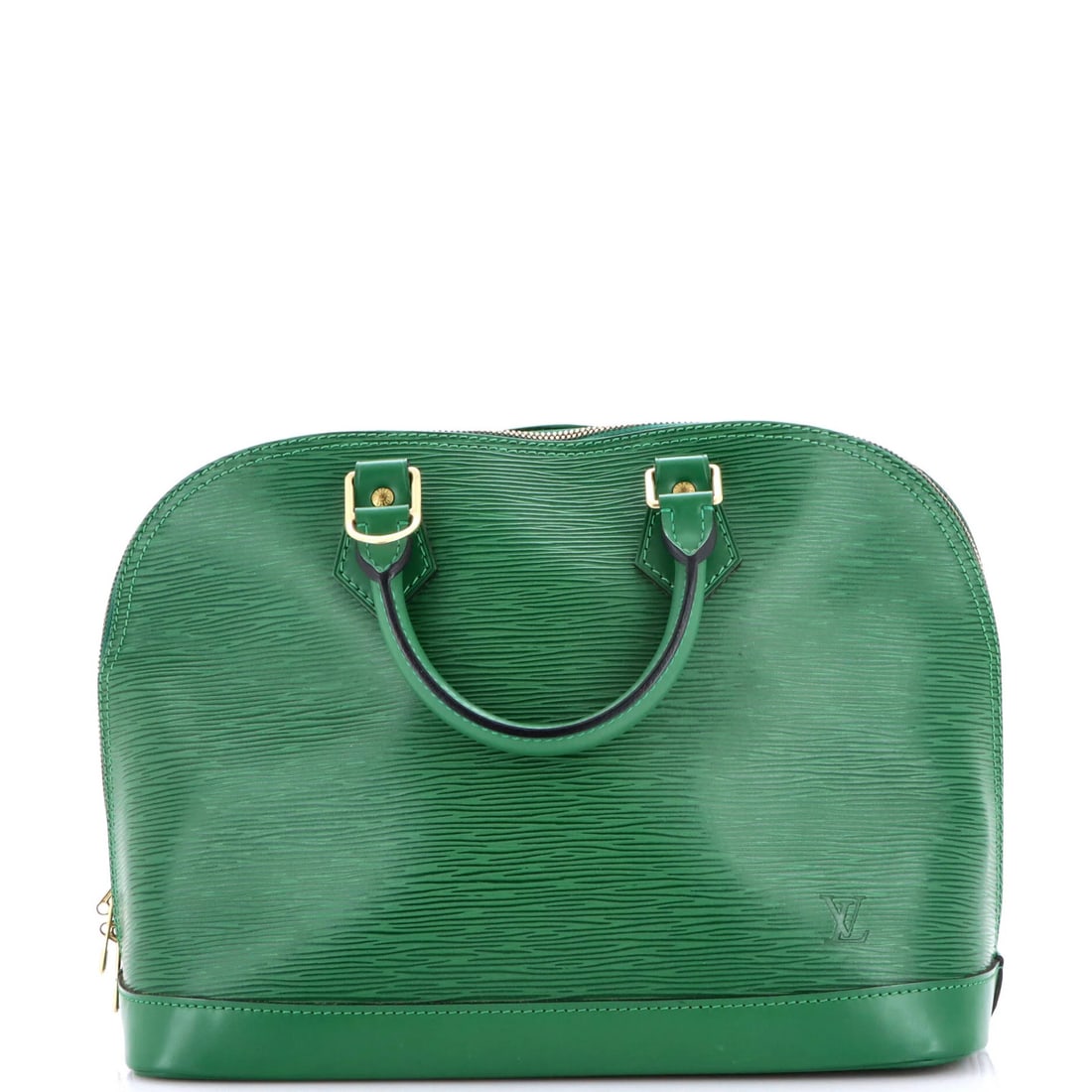 Vuitton Louis Alma Leather Epi Handbag: Vuitton Louis Alma Leather Epi Handbag The Vuitton Louis Alma Leather Epi Handbag is a stunning green handbag with a rich history. Measuring 9" tall, 12" wide, and 6" deep, it features a top handle wi