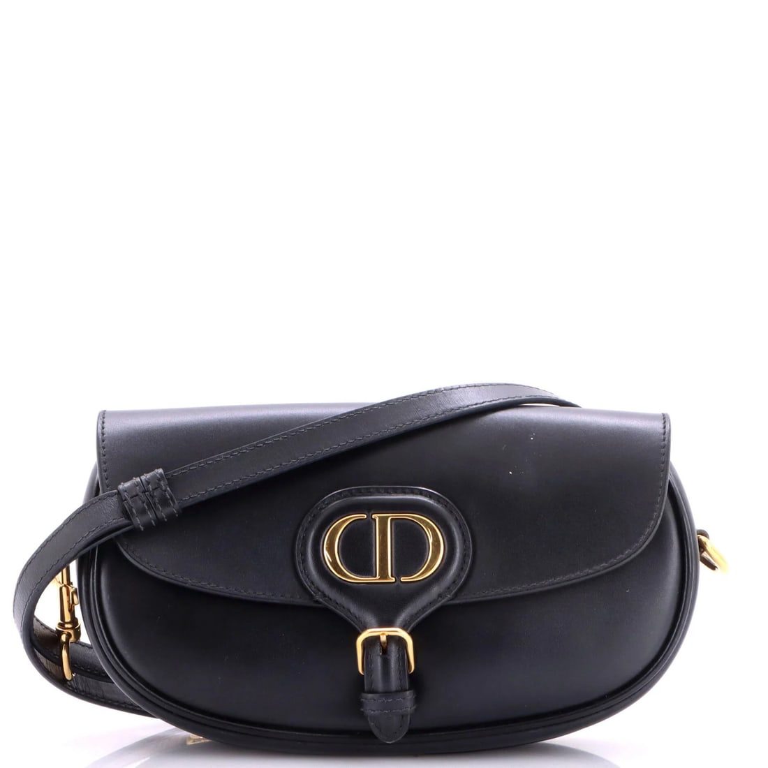 Christian Dior Leather Bobby East West Flap Bag: Christian Dior Leather Bobby East West Flap Bag Black leather cross body bag with gold hardware, featuring a classic East West design and a flap closure. Measuring 4.5" height, 8.5" width, and 2" dept