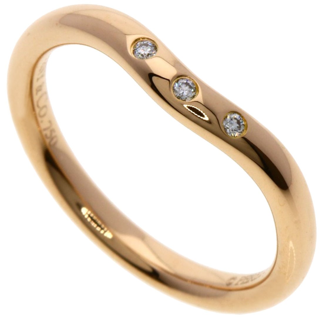 Curved 3P Diamond Ring K18 Pink Gold Tiffany&Co: Curved 3P Diamond Ring K18 Pink Gold Tiffany&Co K18 Pink Gold Tiffany&Co ring boasts a sleek, curved design crafted from 18k pink gold, a rare and luxurious metal alloy. This stunning ring features a 