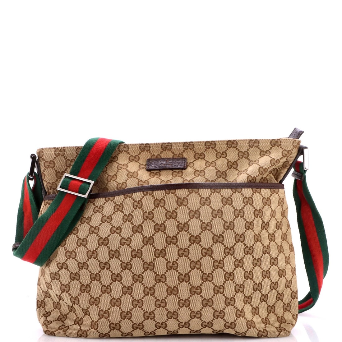 Front Pocket Web Messenger Medium Canvas Gucci GG: Front Pocket Web Messenger Medium Canvas Gucci GG Threadbare on the base corner, this Gucci Front Pocket Web Messenger Medium Canvas bag showcases a unique, worn-in aesthetic. The brown canvas exterio