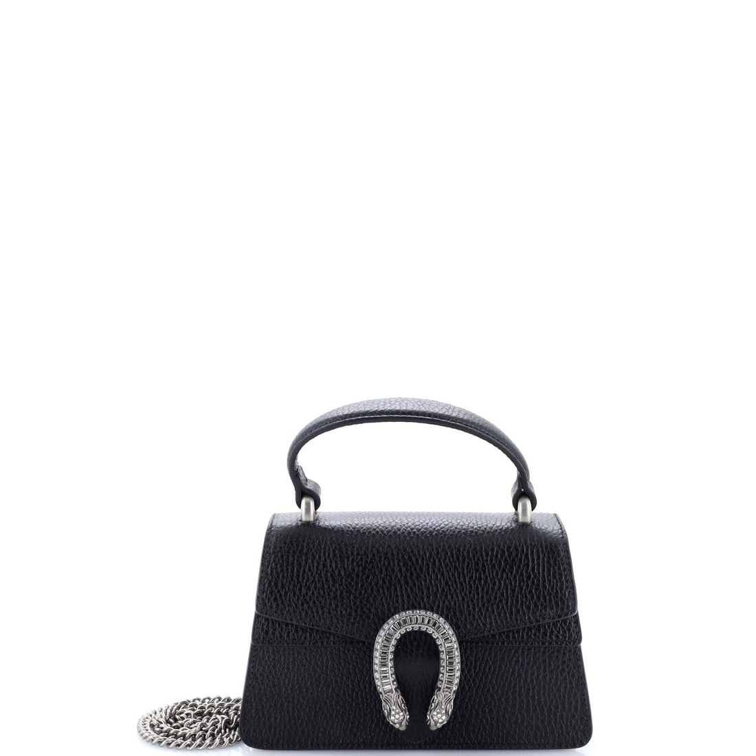 Gucci Dionysus Mini Leather Bag Top with Crystals: Gucci Dionysus Mini Leather Bag Top with Crystals Crystal-embellished leather top handle bag from Gucci's Dionysus collection, featuring a sleek mini design with a neutral interior and aged silver har