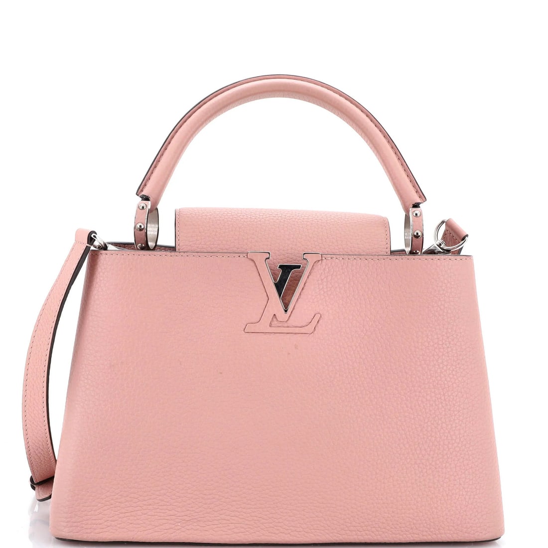 Louis Vuitton PM Leather Capucines Bag: Louis Vuitton PM Leather Capucines Bag Pink Louis Vuitton PM Leather Capucines Bag, featuring a classic top handle design with a strap drop of 17-19". Measuring 8" tall, 12" wide, and 5" deep, this