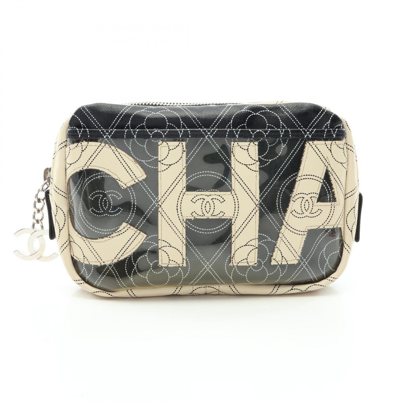 Canvas Coated Pouch Chanel: Canvas Coated Pouch Chanel Canvas Coated Pouch by Chanel. This black and white canvas pouch features a coated finish and measures 11cm x 19cm x 4.33'' x 7.48''. The work bears a signature, a notable