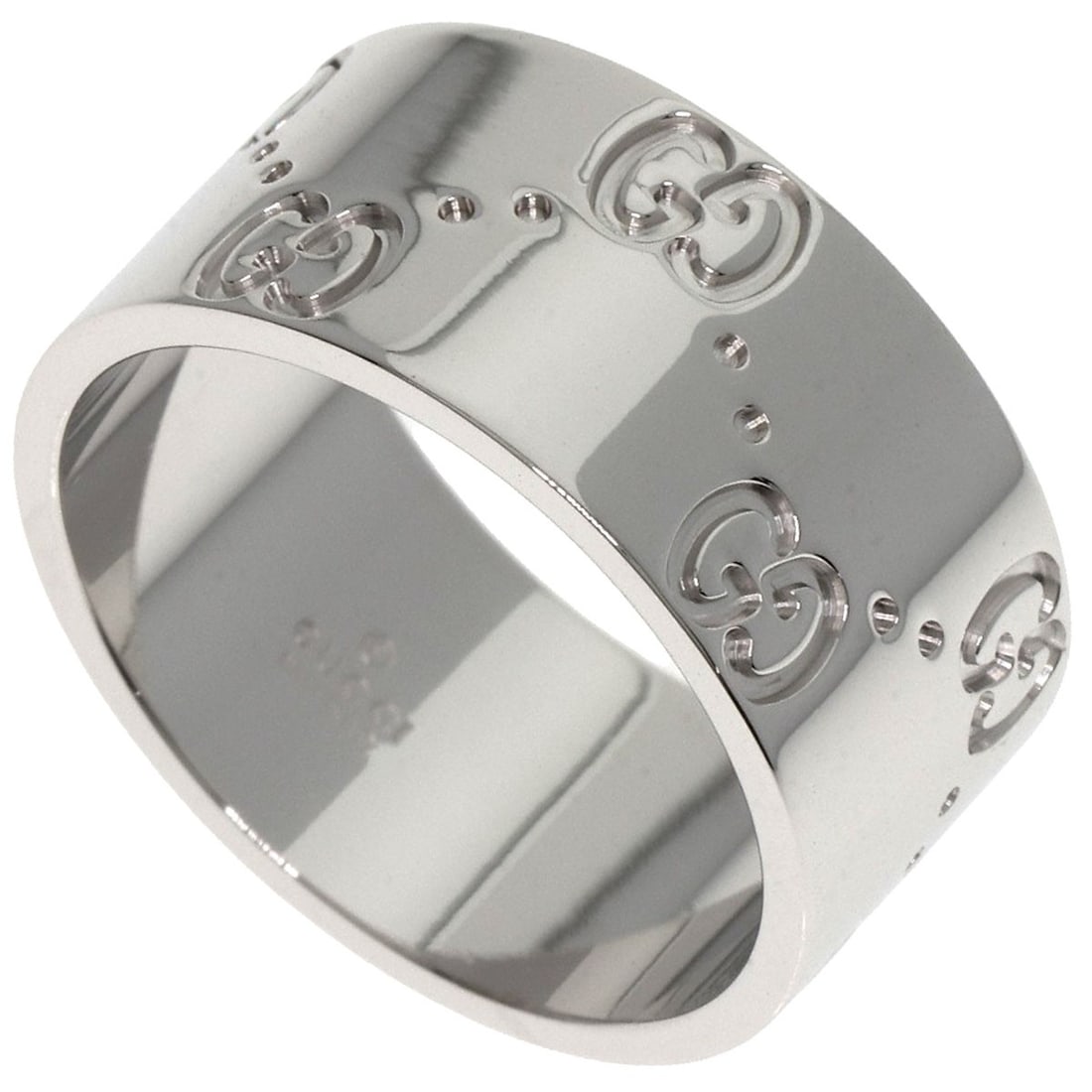 Icon Wide Gucci White Gold K18 Ring #13: Icon Wide Gucci White Gold K18 Ring #13 K18 White Gold K18 ring with a sleek, silver metal exterior, bearing the iconic GUCCI style. This open ring closure features a silver metal purity of K18, a