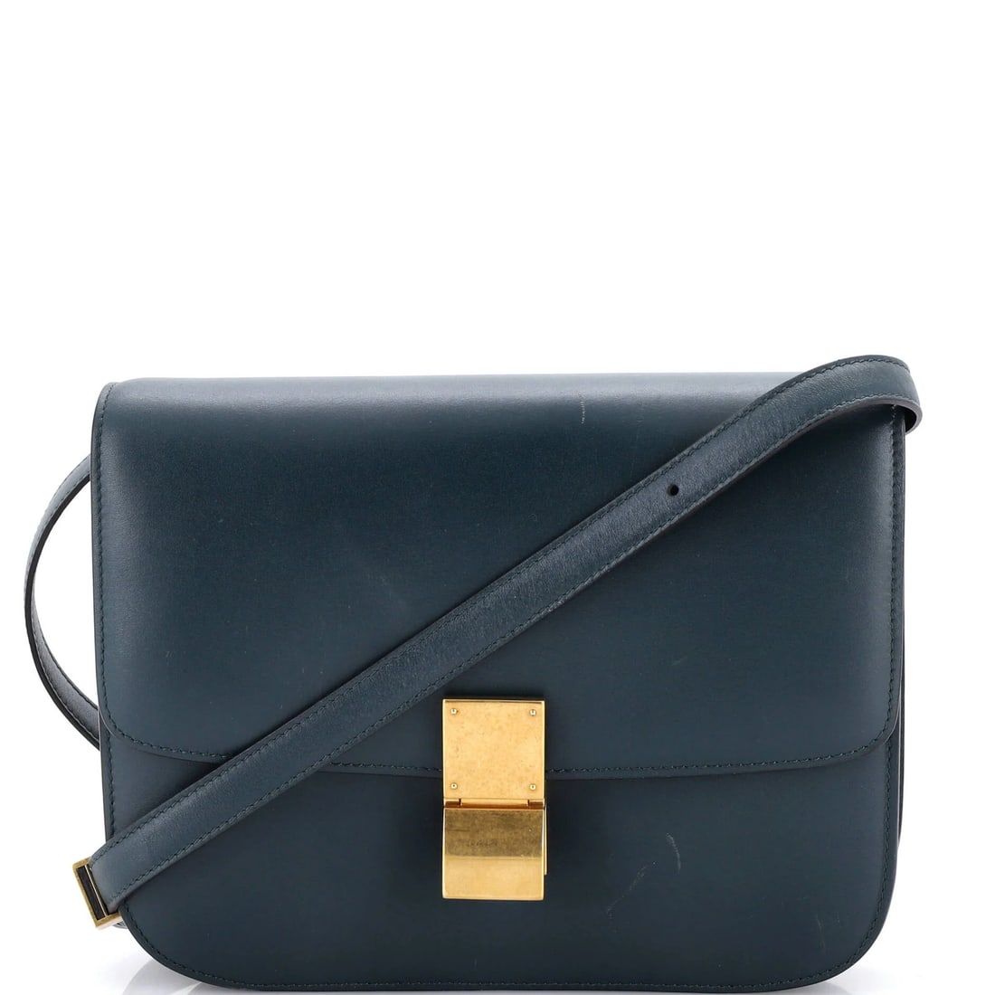 Smooth Leather Bag Box Classic Medium Celine: Smooth Leather Bag Box Classic Medium Celine Smooth leather exterior in a rich green hue, the Classic Box Bag by Celine boasts a timeless design with clean lines and a cross-body strap for effortless