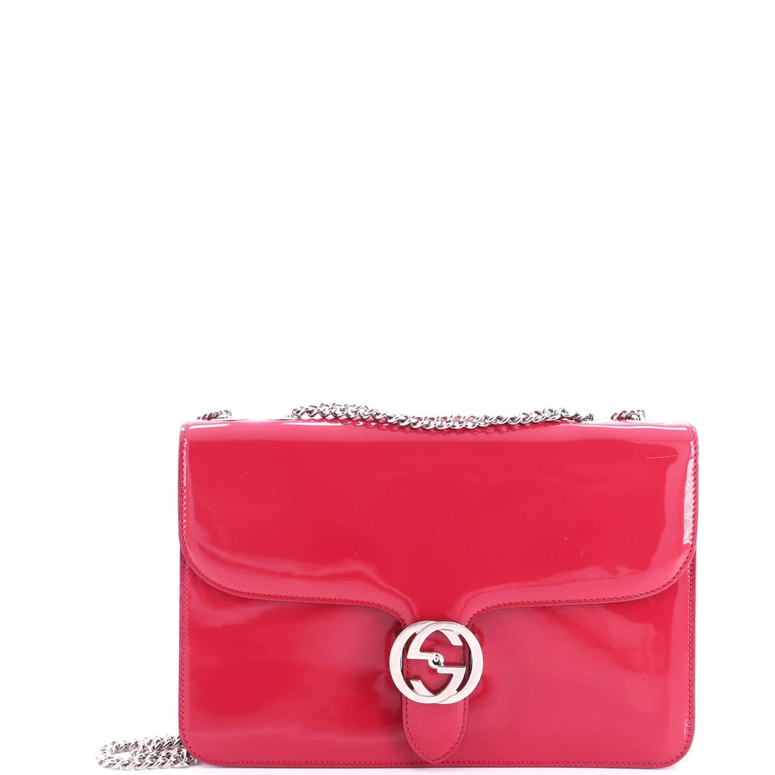 Patent Medium Gucci Interlocking Shoulder Bag: Patent Medium Gucci Interlocking Shoulder Bag Patent Medium Gucci Interlocking Shoulder Bag. This Pink patent leather shoulder bag features an Interlocking design and measures 7" high, 10.5" wide,