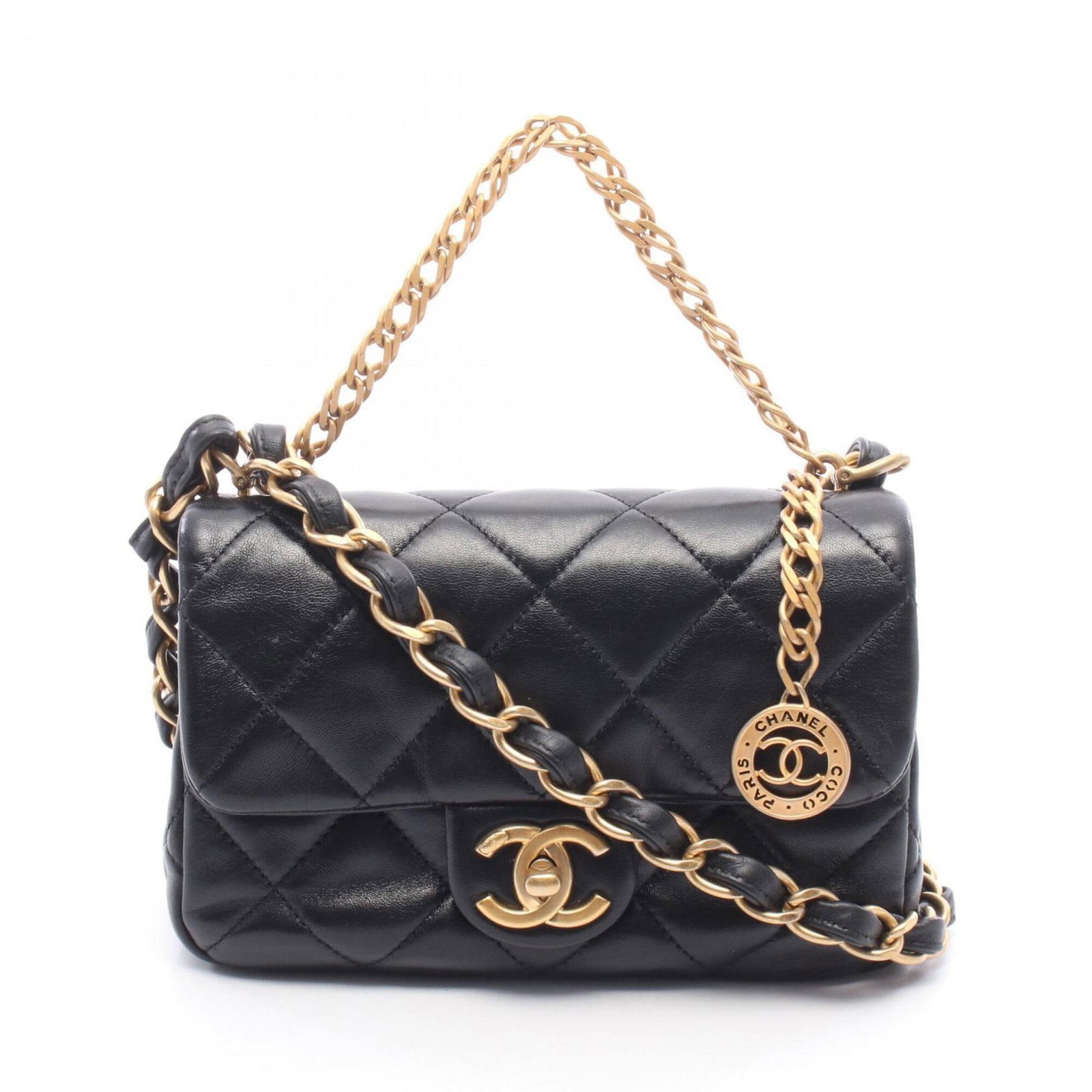 Chanel Handbag Shoulder Bag Leather: Chanel Handbag Shoulder Bag Leather Black leather shoulder bag with gold hardware, featuring a flap closure. Measuring 13cm x 19cm x 5.5cm, this Matelasse design from Chanel boasts a sleek and
