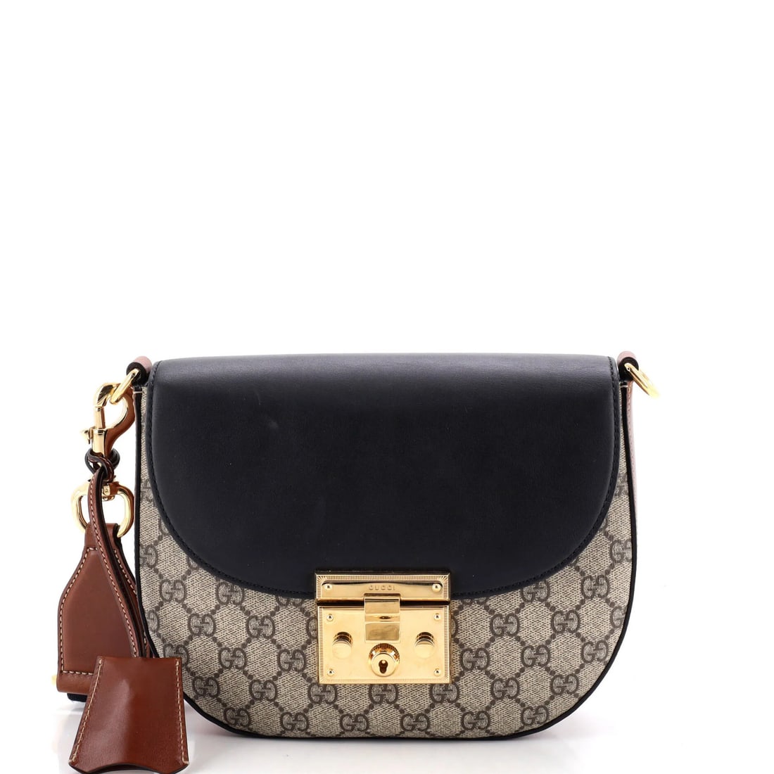 Gucci GG Medium Canvas Leather Coated Saddle Padlock Shoulder Bag: Gucci GG Medium Canvas Leather Coated Saddle Padlock Shoulder Bag Black Gucci GG Medium Canvas Leather Coated Saddle Padlock Shoulder Bag, featuring a striking cross body design with GG Coated Canvas