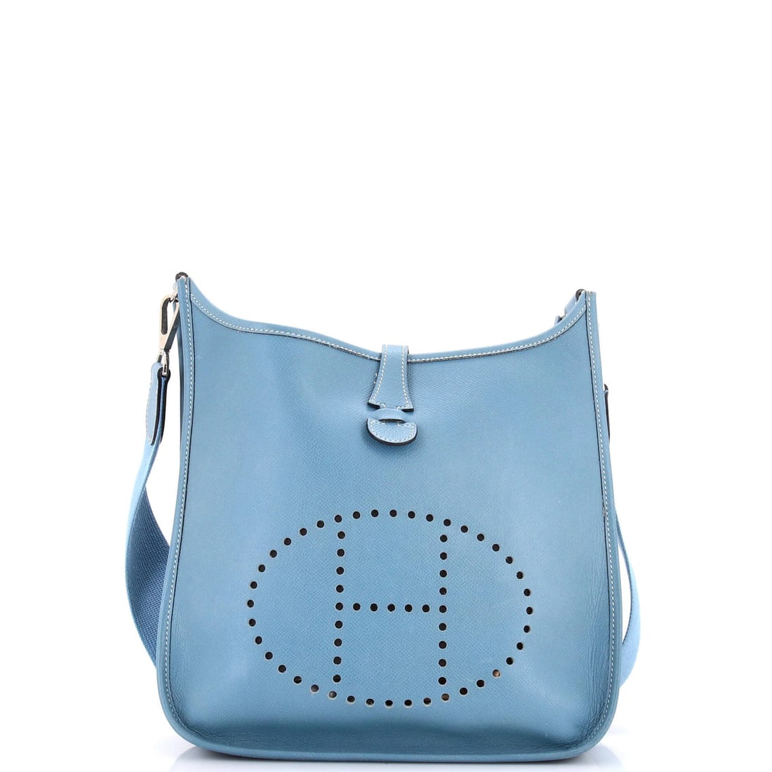 Epsom Gen I Evelyne Hermes Bag: Epsom Gen I Evelyne Hermes Bag The Epsom Gen I Evelyne Hermes Bag boasts a striking blue exterior, complemented by raw leather interior and palladium hardware, all perfectly preserved in a classic cro