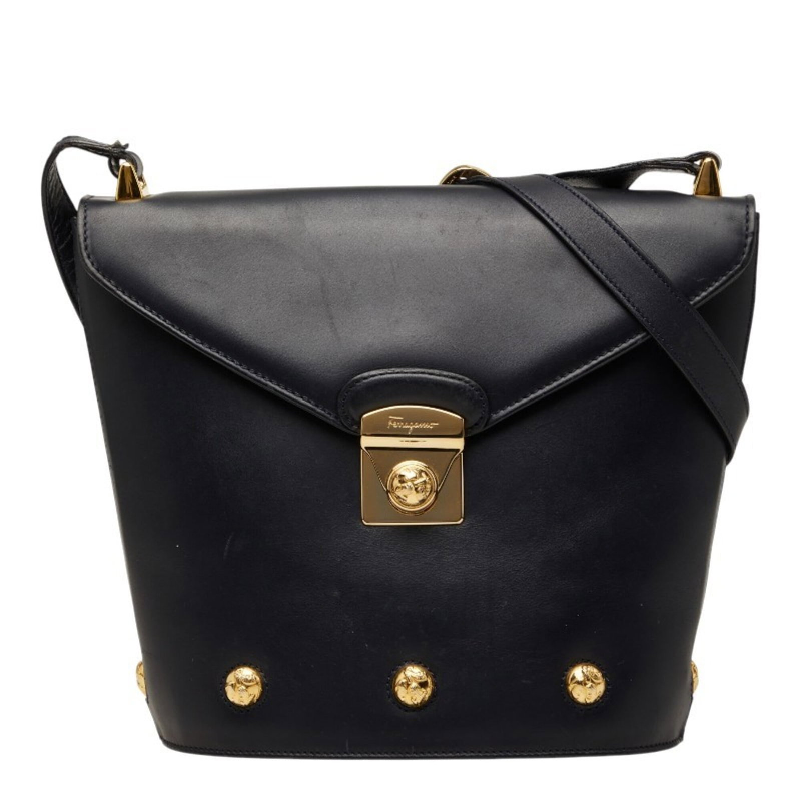 Ferragamo Leather Shoulder Bag: Ferragamo Leather Shoulder Bag Black leather shoulder bag from Salvatore Ferragamo, measuring 23cm x 21cm x 11cm, offering a sleek and sophisticated design. The bag's classic style and timeless color