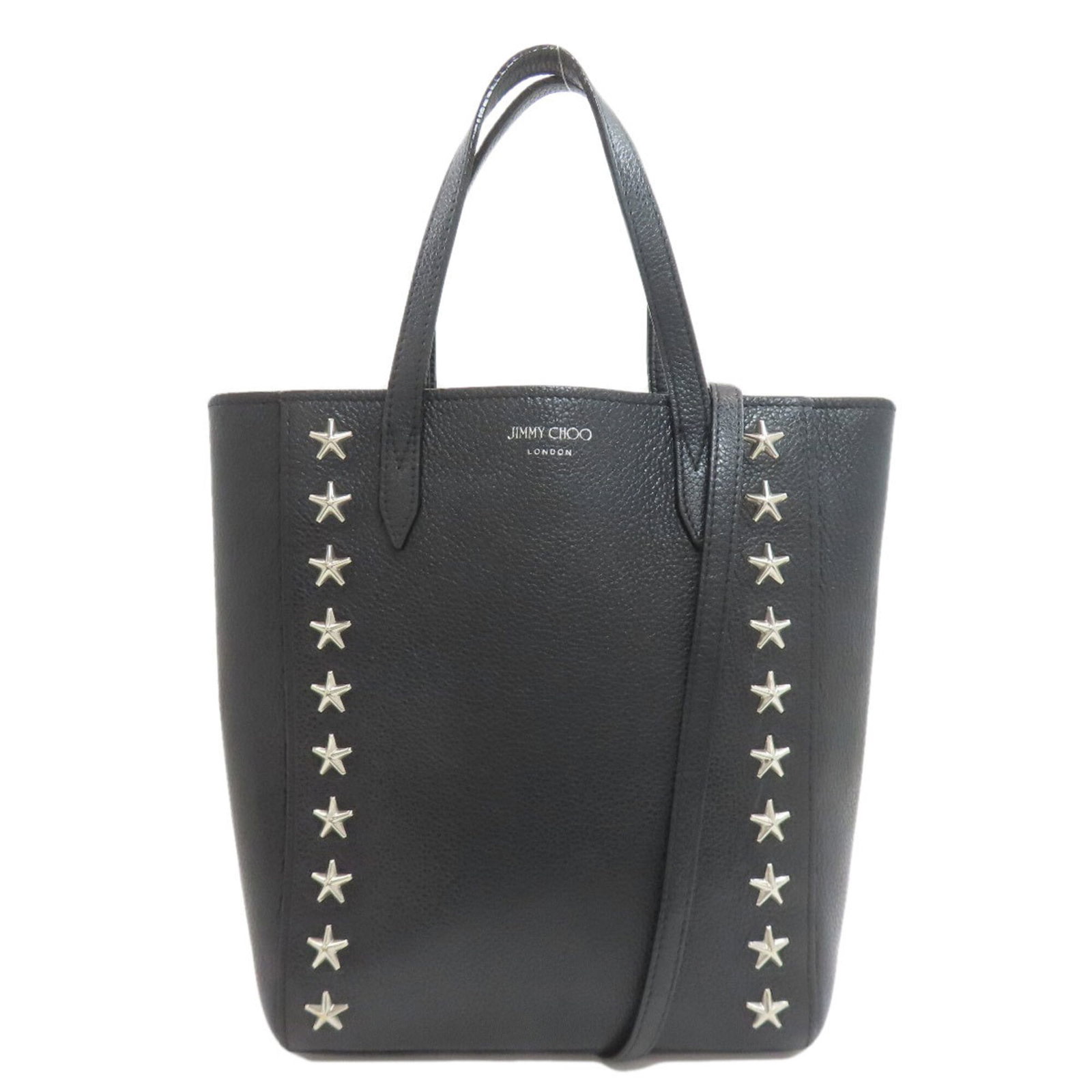 Tote Bag Leather Jimmy Choo: Tote Bag Leather Jimmy Choo Tote Bag Leather Jimmy Choo - A sleek and sophisticated black leather tote bag with a classic design, measuring 25cm x 27cm x 7cm. The bag's leather material provides a