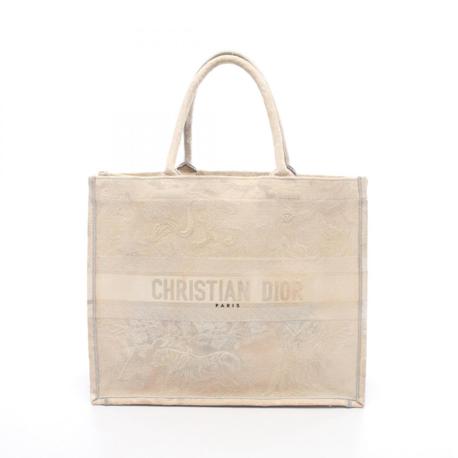 Handbag Canvas Dior Tote Christian: Handbag Canvas Dior Tote Christian Canvas Dior Tote in Gray and Ivory. This Christian Dior tote bag features a canvas material, measuring 35cm x 42cm x 18cm, with a distinctive gray and ivory color