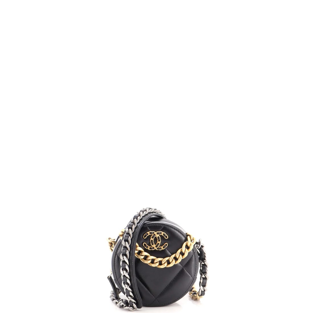 Round Clutch Quilted Leather with Chain 19 Chanel: Round Clutch Quilted Leather with Chain 19 Chanel This 19 Chanel round clutch features a sleek, quilted leather exterior in black, paired with a striking red interior. The chain strap adds a touch of