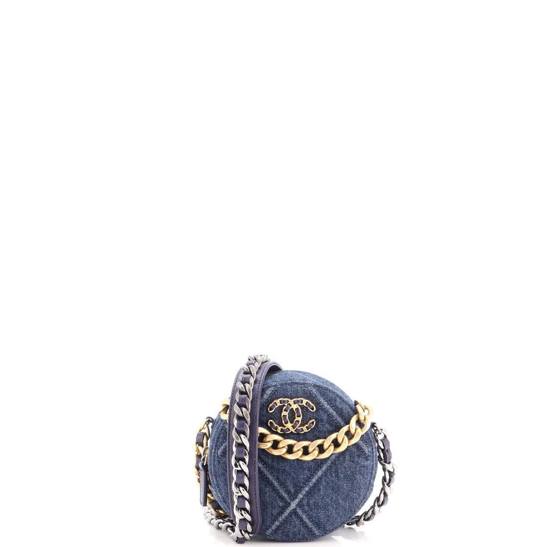 Chanel Round Clutch with Quilted Denim Chain: Chanel Round Clutch with Quilted Denim Chain This stunning Chanel Round Clutch with Quilted Denim Chain boasts a unique denim exterior and elegant chain strap. The quilted design adds a touch of
