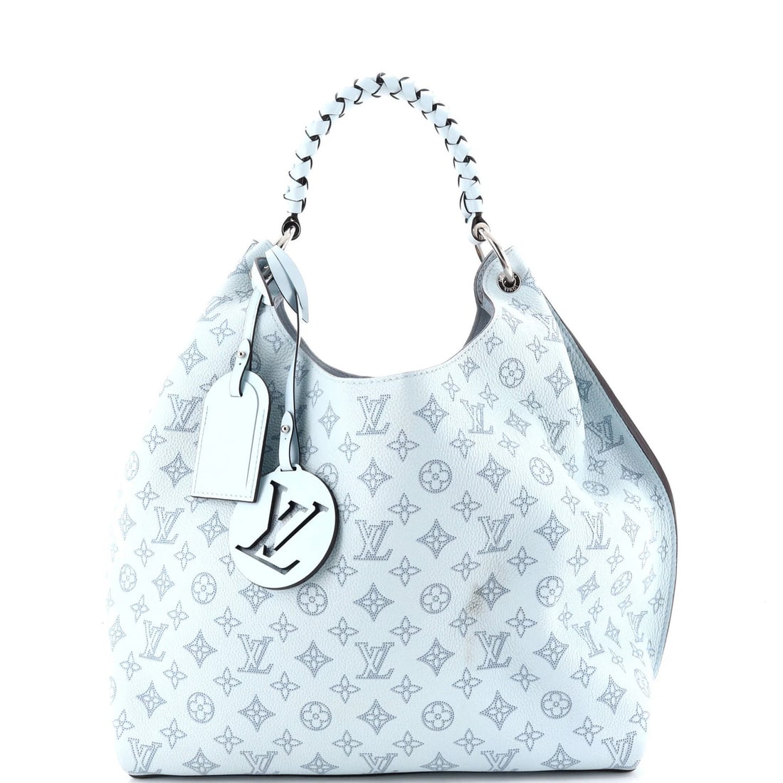 Mahina Leather Hobo Carmel Louis Vuitton: Mahina Leather Hobo Carmel Louis Vuitton Blue Mahina Leather Carmel Louis Vuitton Hobo with scuffed exterior, minor stains, and edge wear, featuring silver hardware and a microfiber interior. The